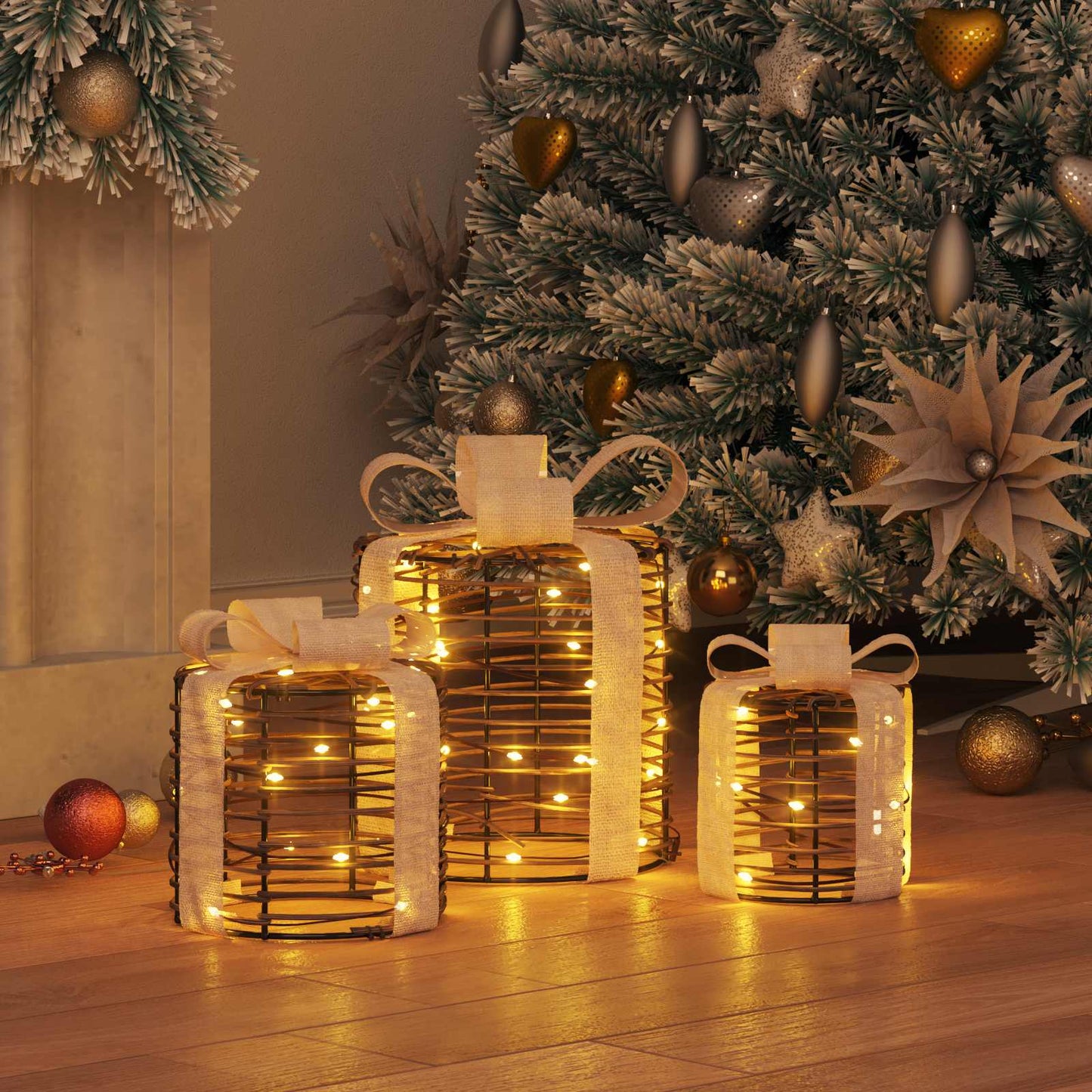 Decorazione Scatola Regalo con 60 LED 3 pcs Bianco caldo Rattan