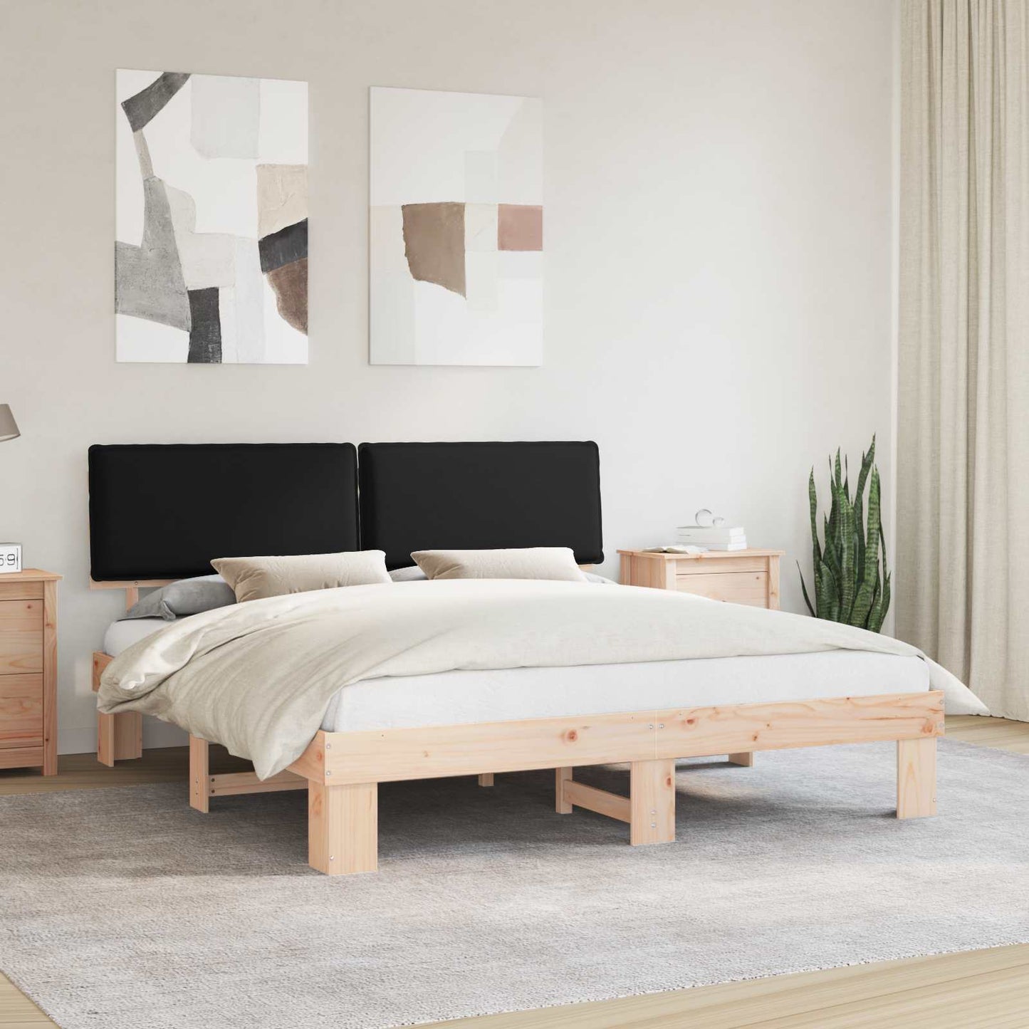 Letto con Testiera Rivestita Nero 200 x 200 cm Pino massello