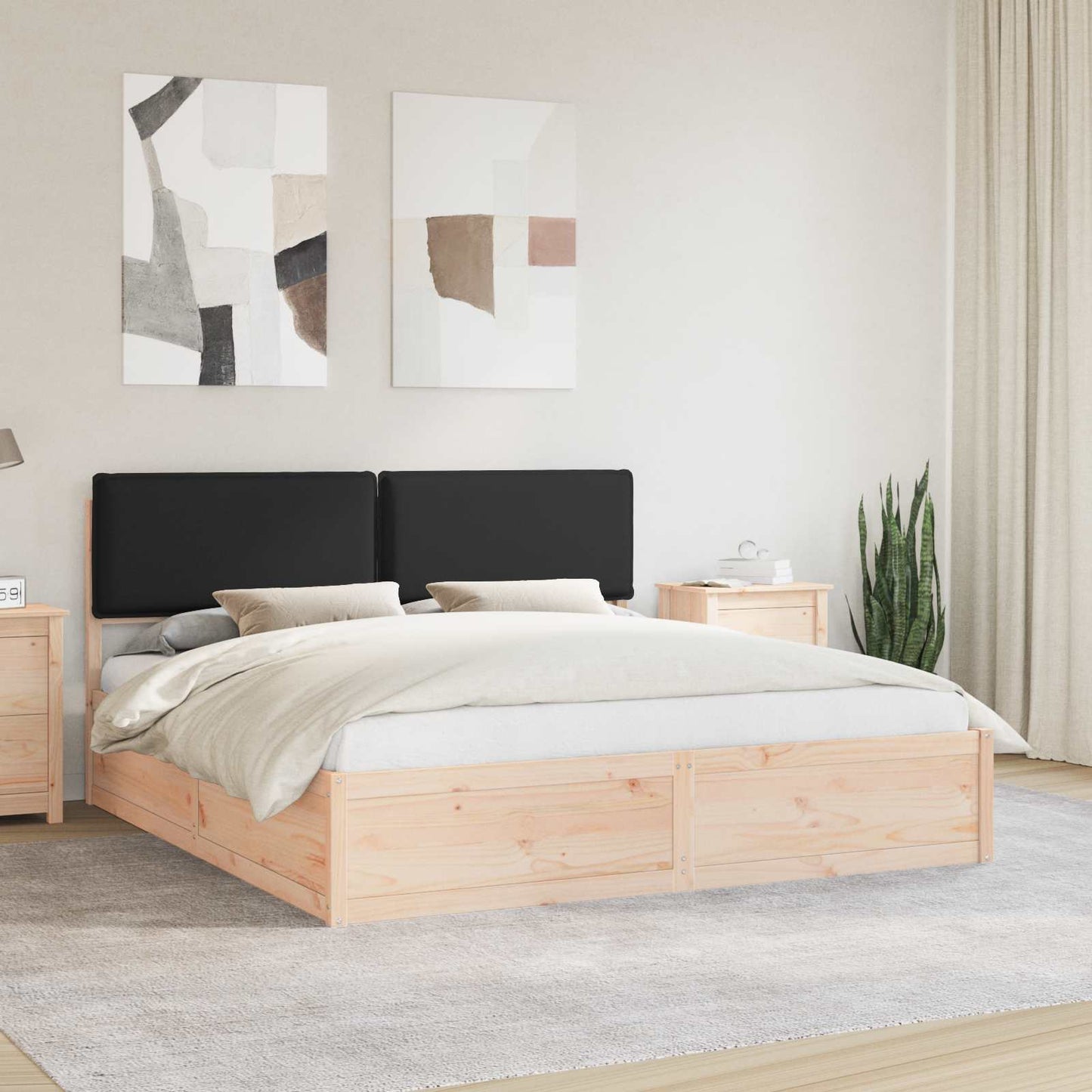 Letto con Testiera Rivestita Nero 200 x 200 cm Pino massello