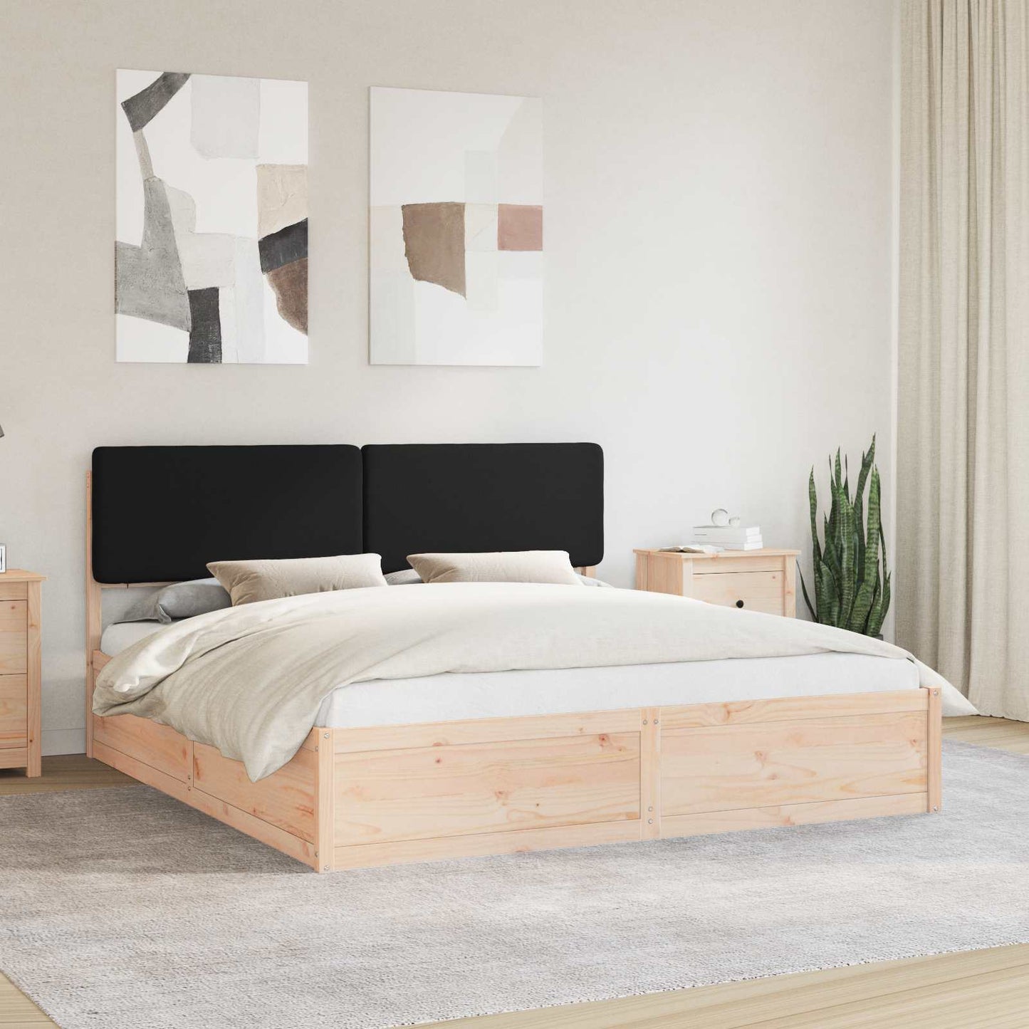 Letto con Testiera Rivestita Nero 200 x 200 cm Pino massello