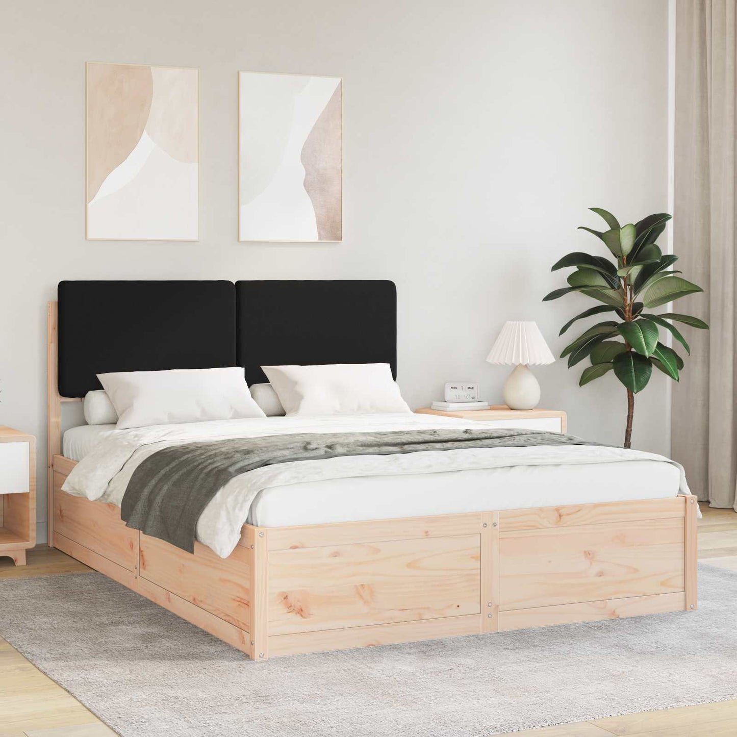 Letto con Testiera Rivestita Nero 150 x 200 cm Pino massello