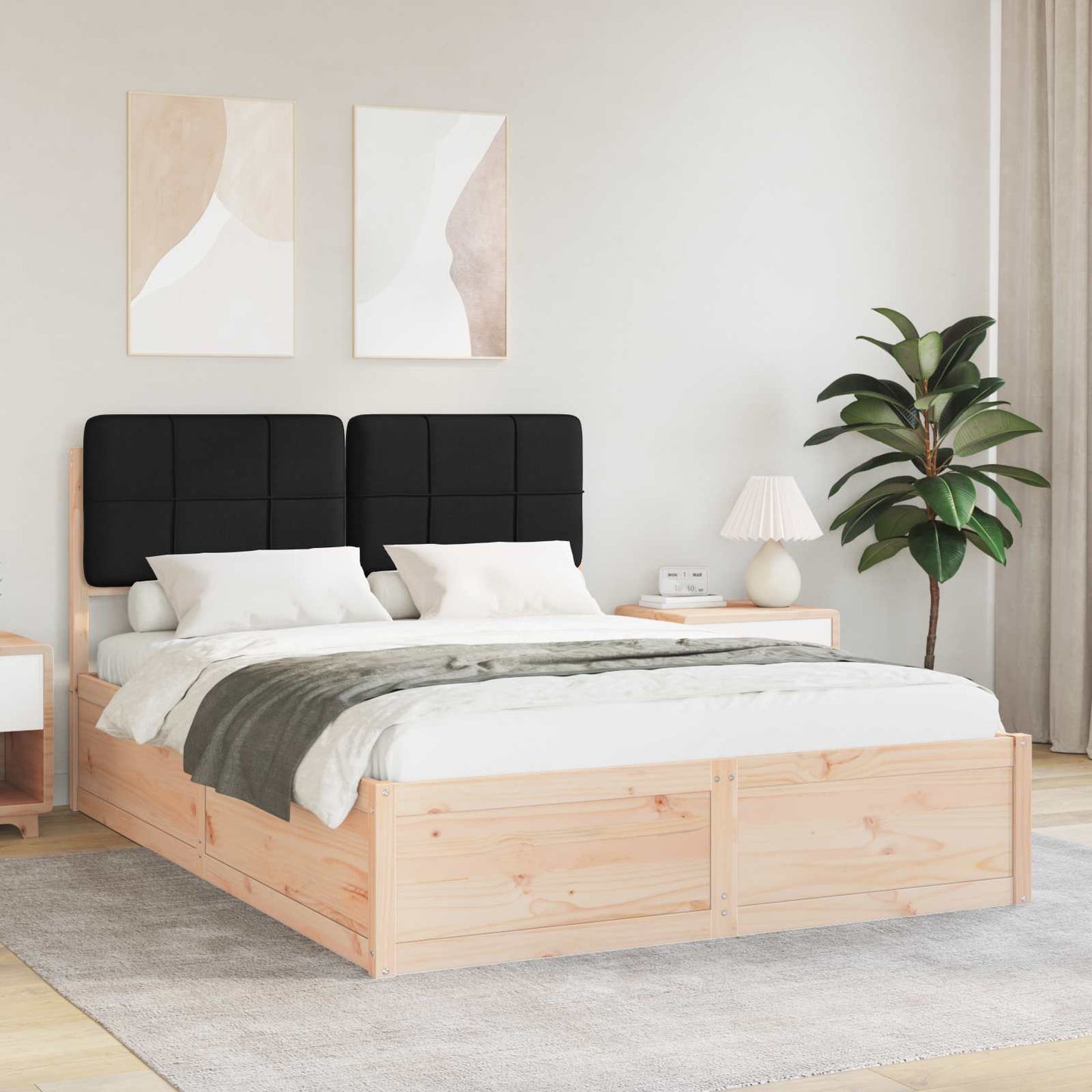 Letto con Testiera Rivestita Nero 150 x 200 cm Pino massello