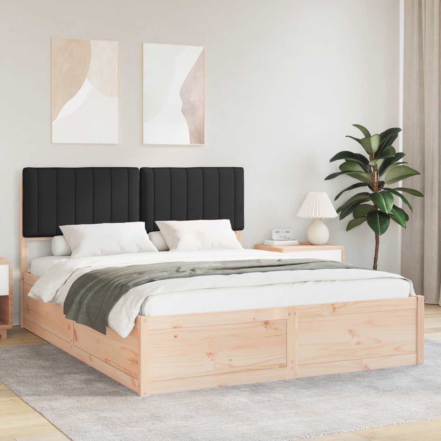 Letto con Testiera Rivestita Nero 150 x 200 cm Pino massello