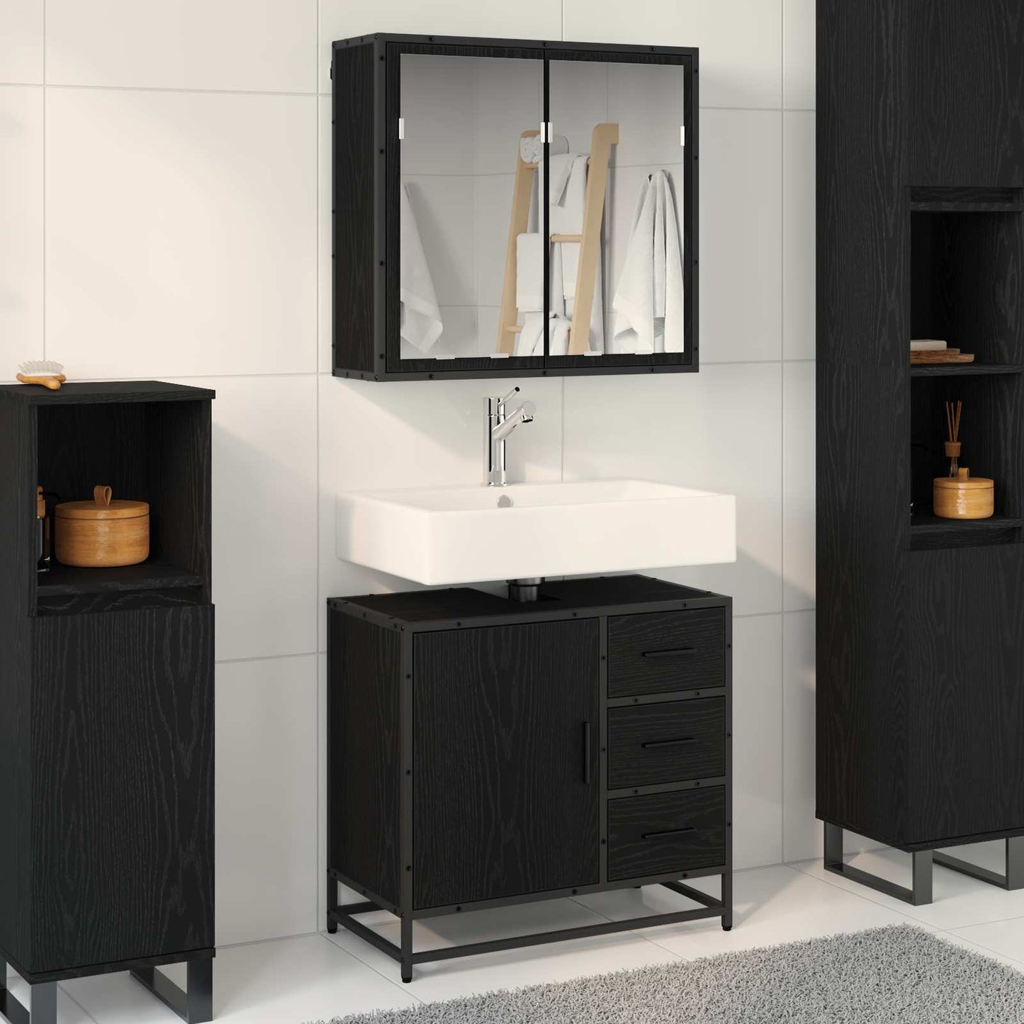 Set di mobili per il bagno 2 pcs Rovere Nero Legno multistrato