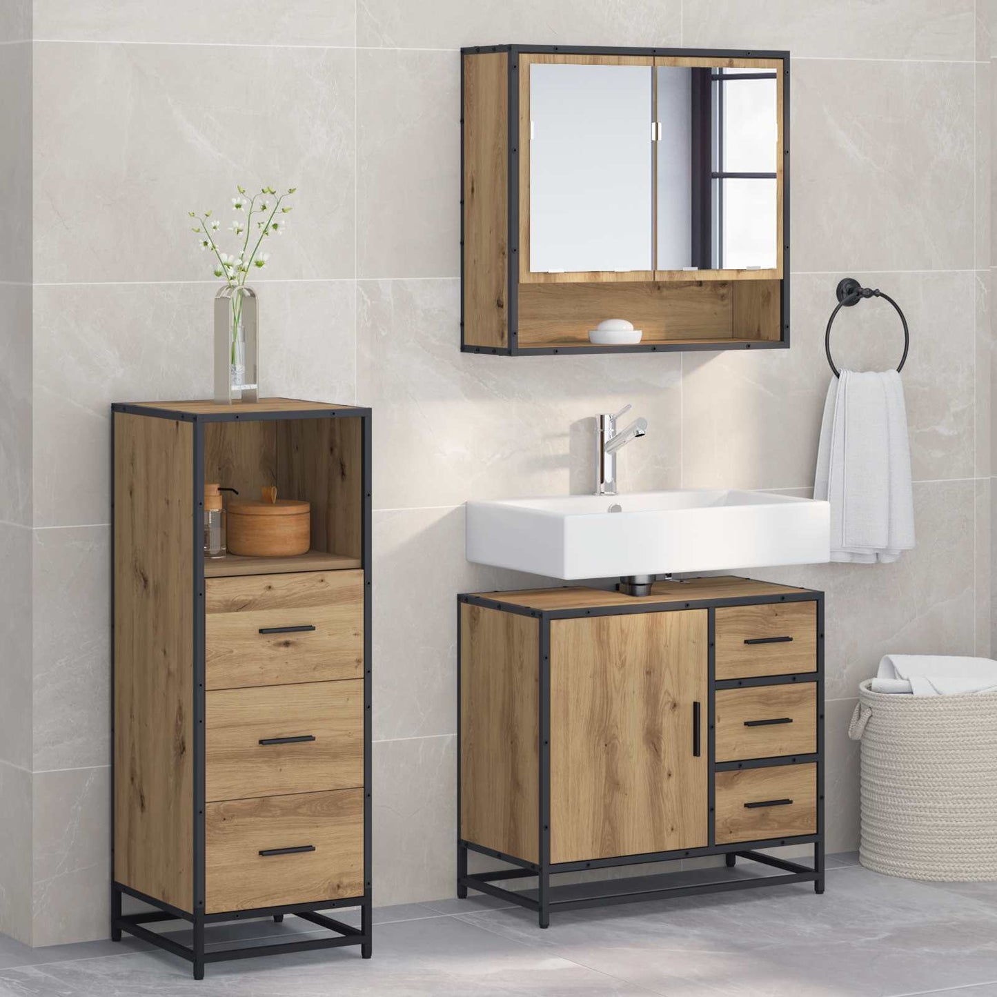 Set di mobili per il bagno con porta 3 pcs Rovere artigianale