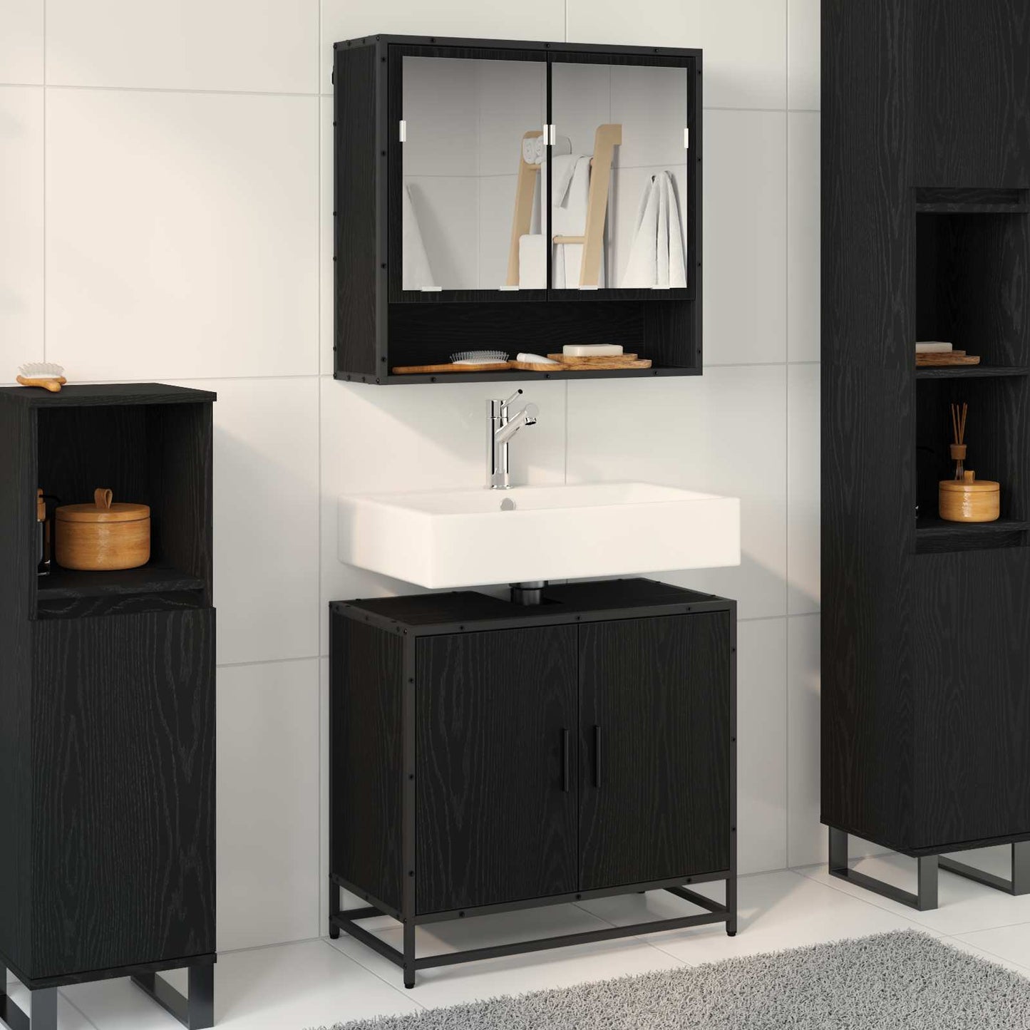 Set di mobili per il bagno 2 pcs Rovere Nero Legno multistrato