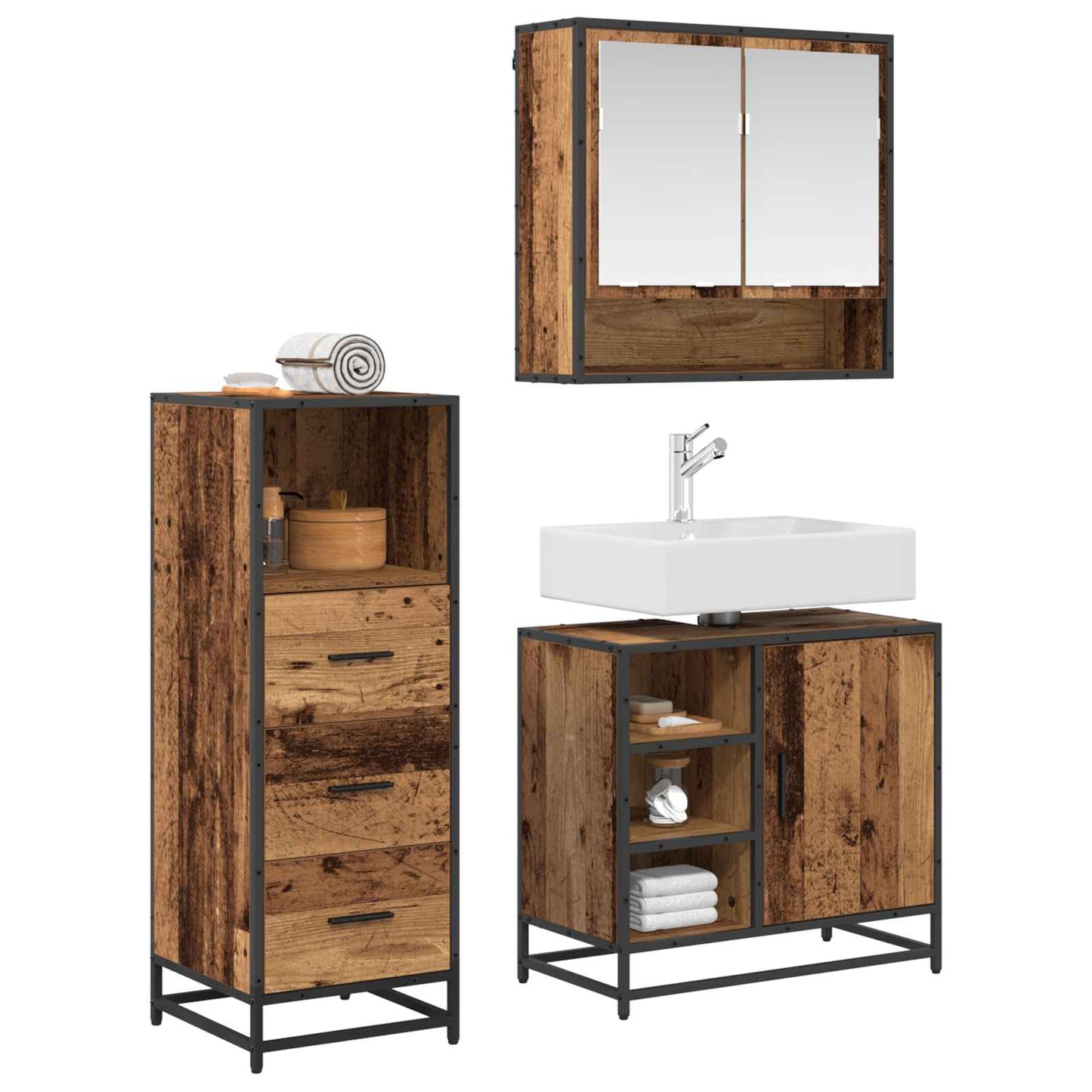 Set di mobili per il bagno con cassetto 3 pcs Legno vecchio