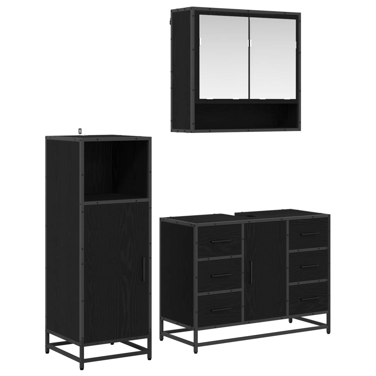 Set di mobili per il bagno 3 pcs Rovere Nero Legno multistrato