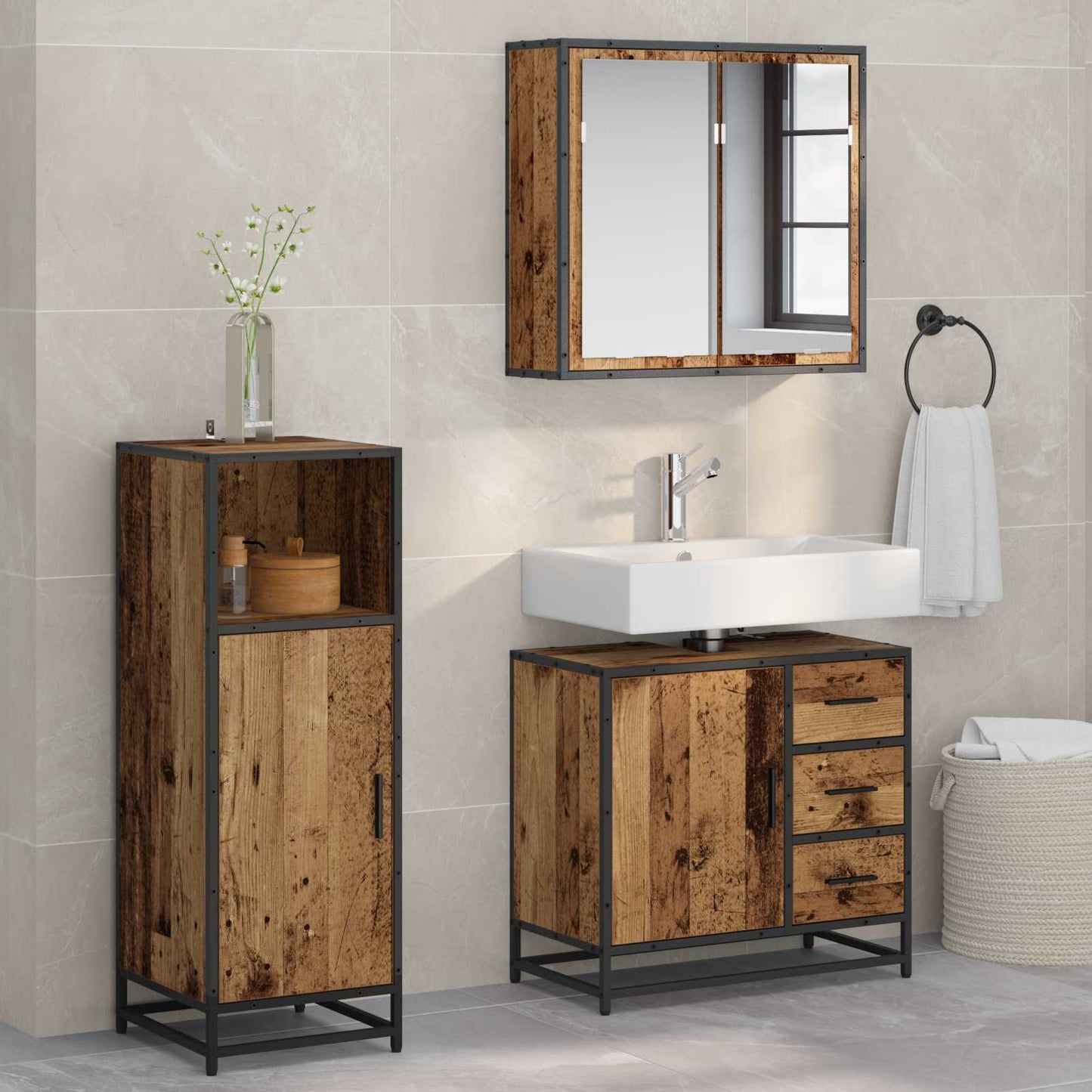 Set di mobili per il bagno con cassetto 3 pcs Legno vecchio