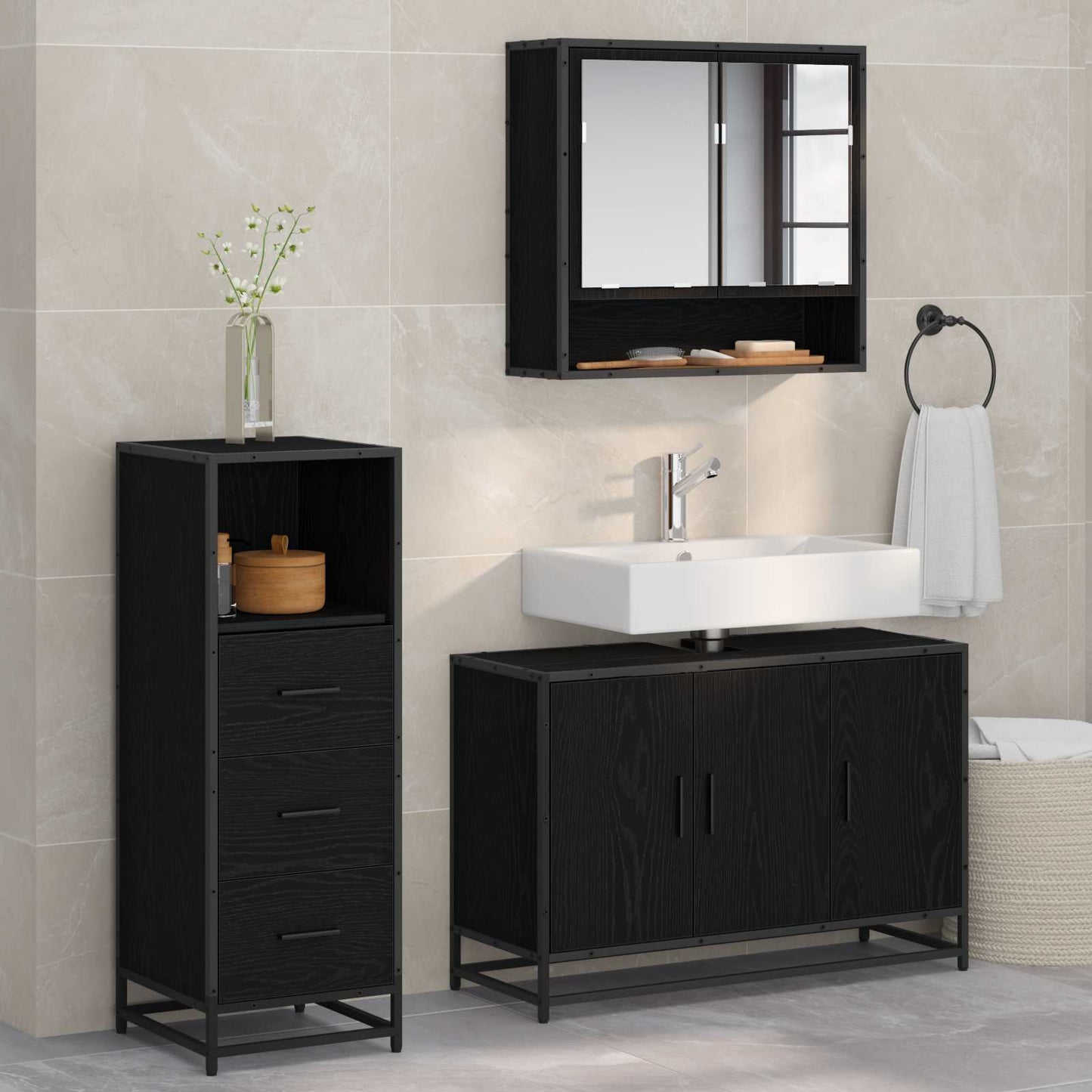 Set di mobili per il bagno 3 pcs Rovere Nero Legno multistrato