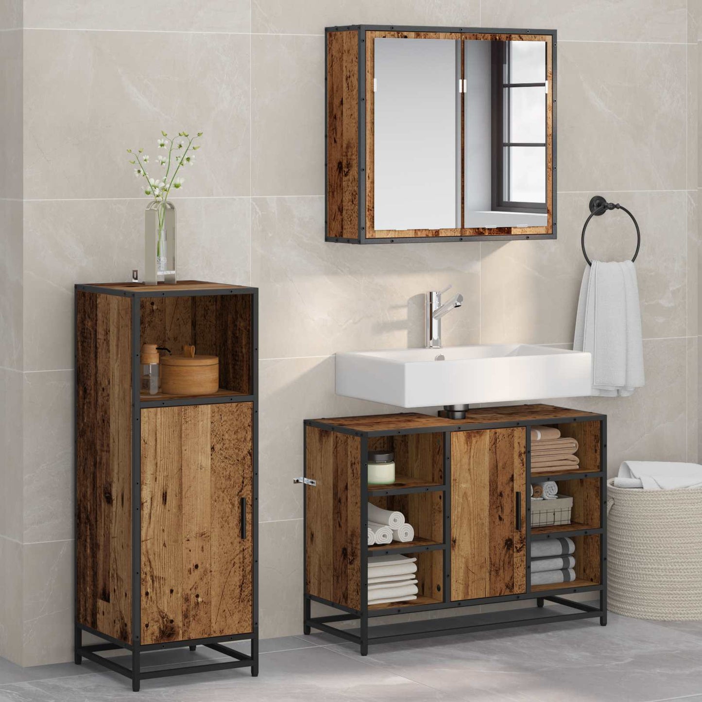 Set di mobili per il bagno con lo scaffale 3 pcs Legno vecchio