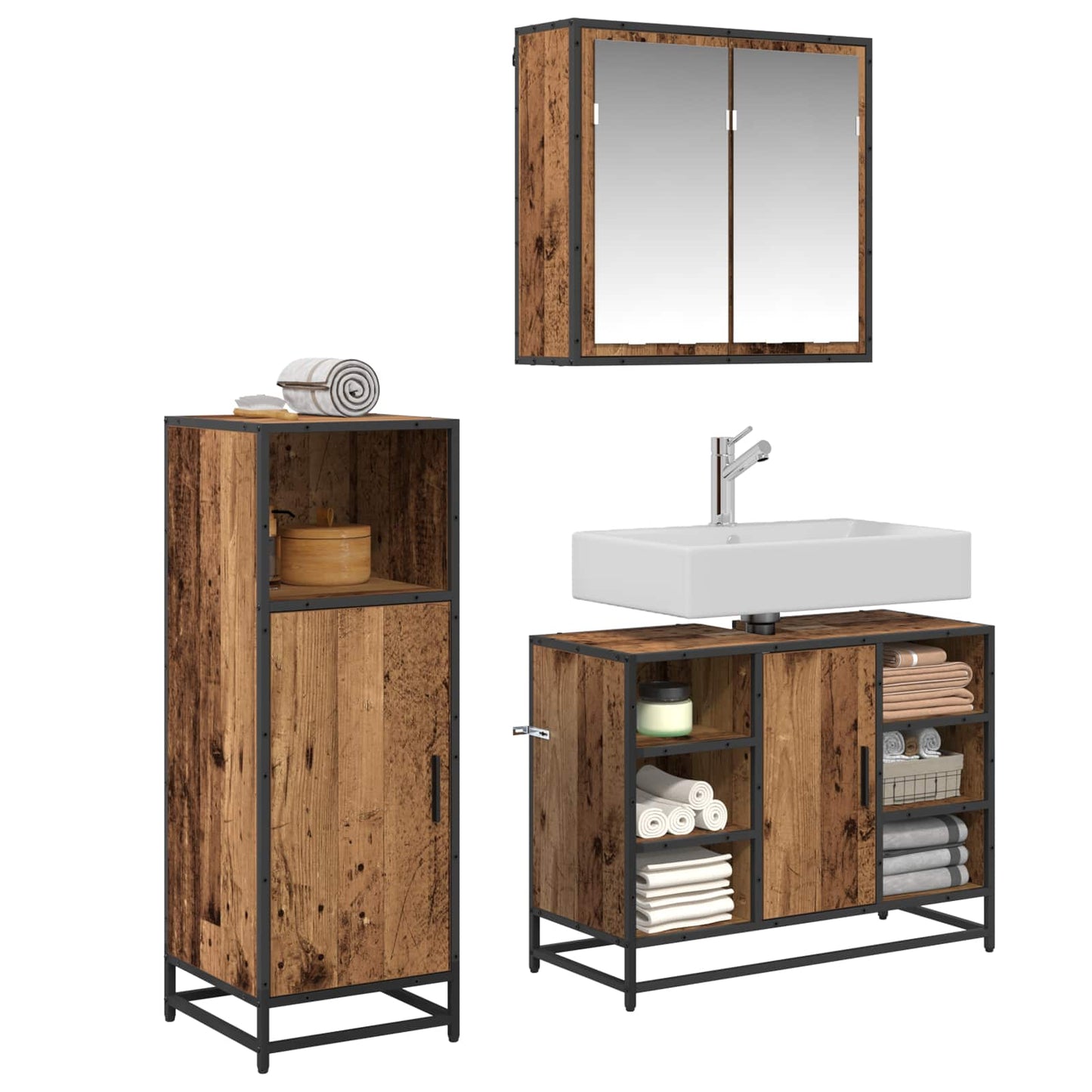 Set di mobili per il bagno con lo scaffale 3 pcs Legno vecchio