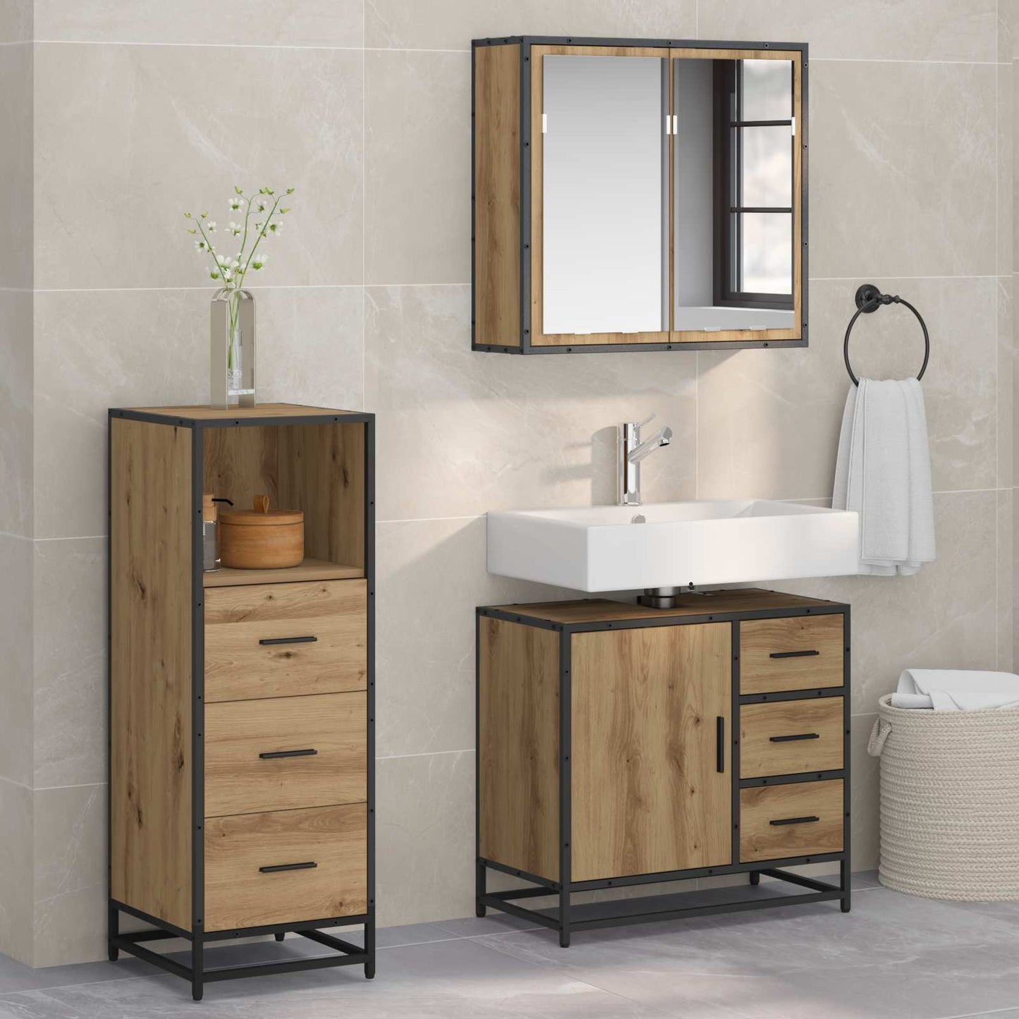 Set di mobili per il bagno con porta 3 pcs Rovere artigianale