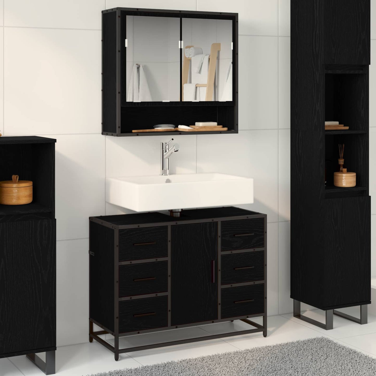 Set di mobili per il bagno 2 pcs Rovere Nero Legno multistrato