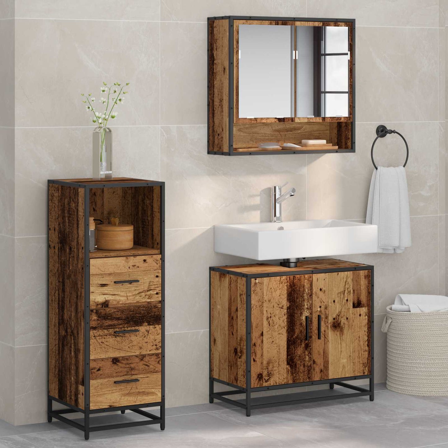 Set di mobili per il bagno con cassetto 3 pcs Legno vecchio