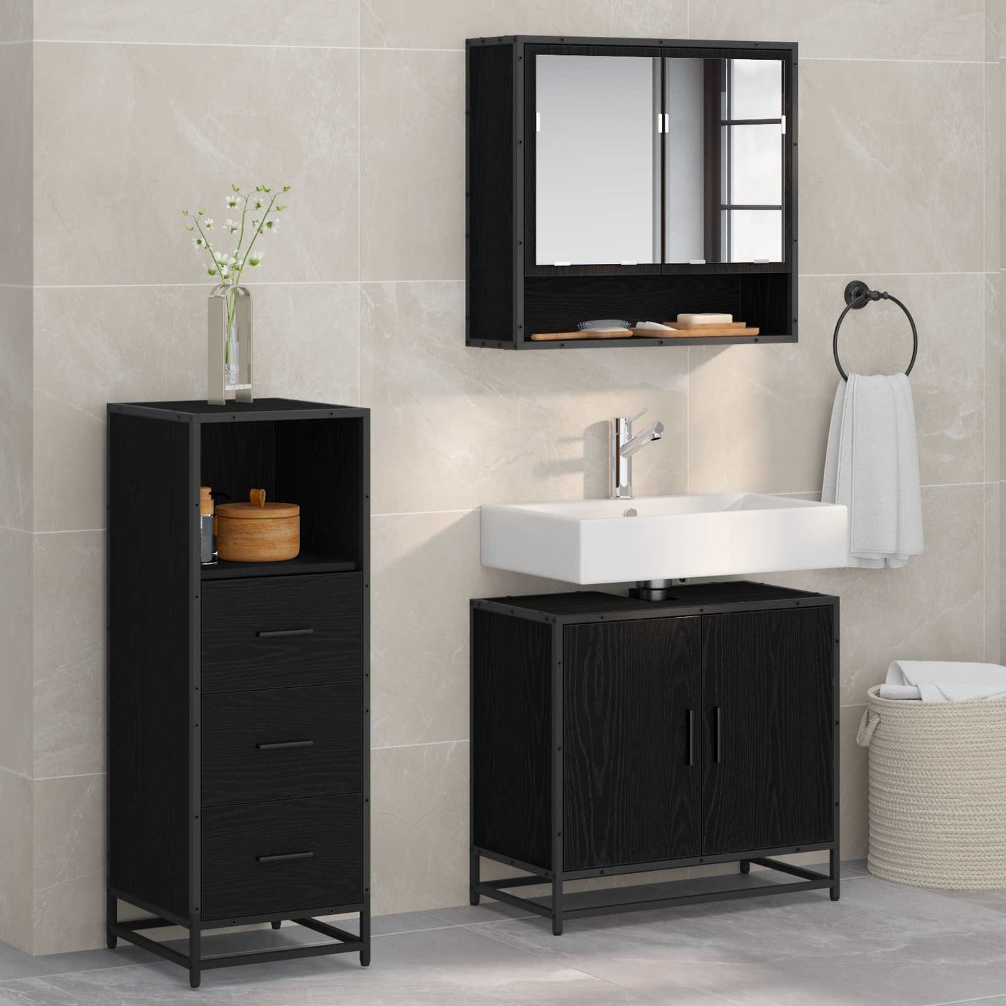 Set di mobili per il bagno 3 pcs Rovere Nero Legno multistrato