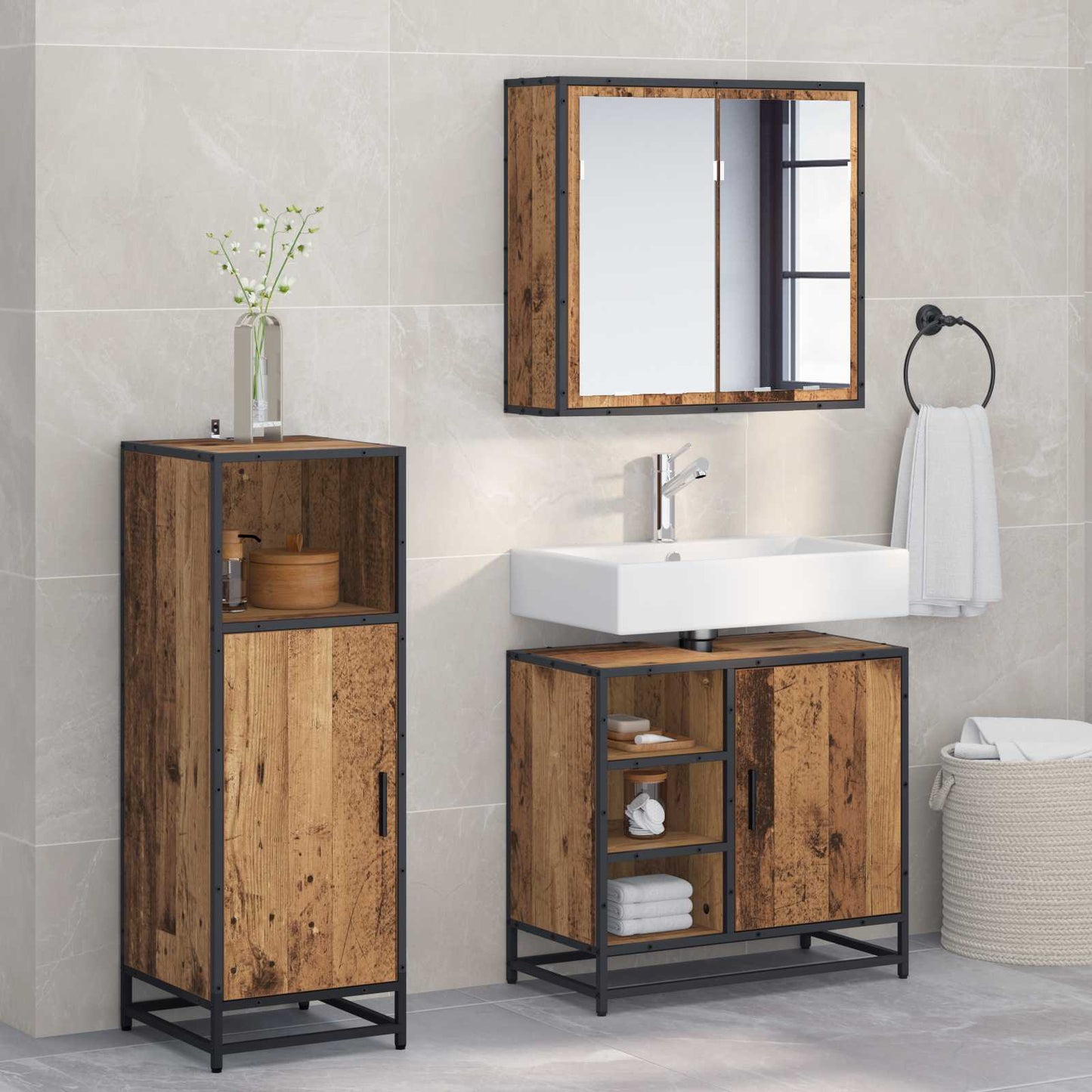 Set di mobili per il bagno con lo scaffale 3 pcs Legno vecchio