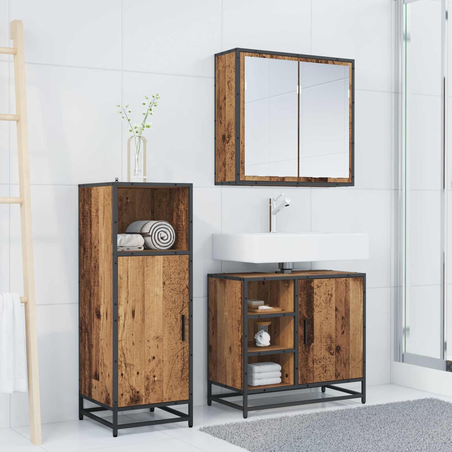 Set di mobili per il bagno con lo scaffale 3 pcs Legno vecchio
