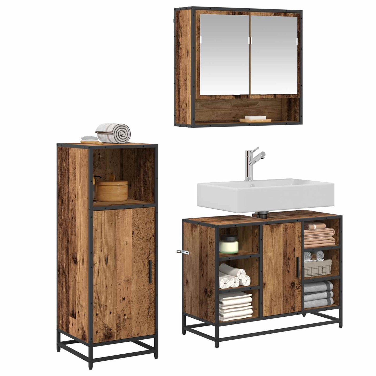 Set di mobili per il bagno con lo scaffale 3 pcs Legno vecchio