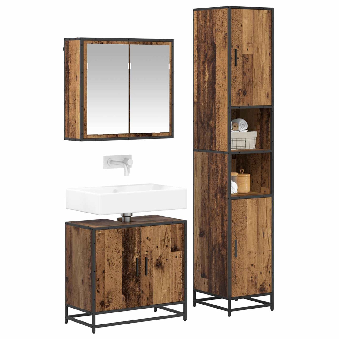 Set di mobili per il bagno con lo scaffale 3 pcs Legno vecchio