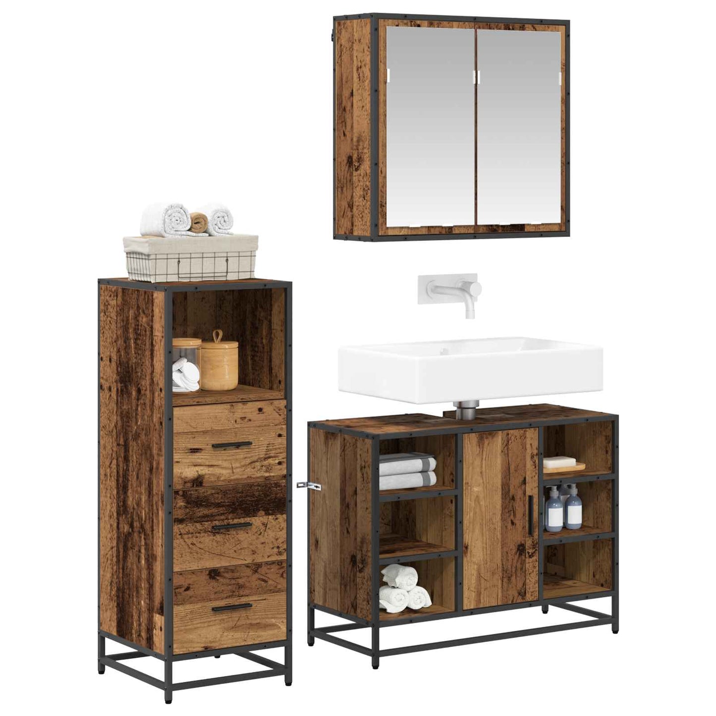 Set di mobili per il bagno con cassetto 3 pcs Legno vecchio