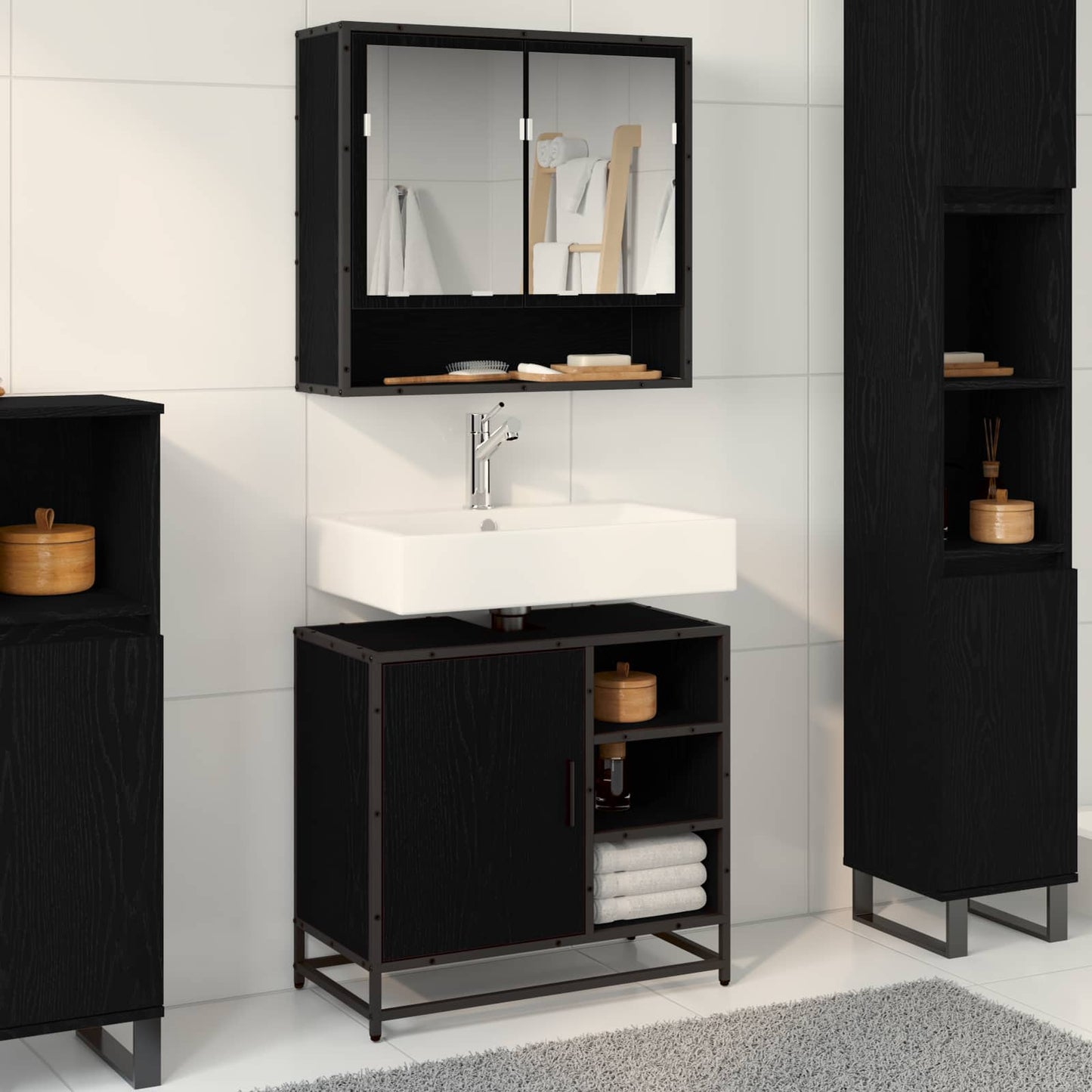 Set di mobili per il bagno 2 pcs Rovere Nero Legno multistrato
