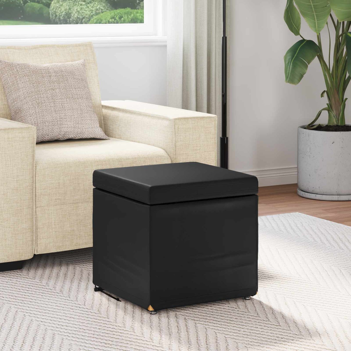 Pouf Nero Pelle Sintetica e Legno Ingegnerizzato