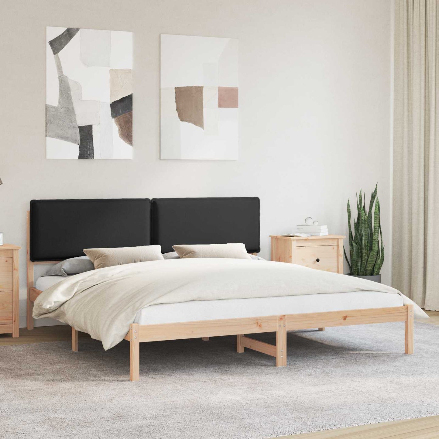 Letto con Testiera Rivestita Nero 200 x 200 cm Pino massello