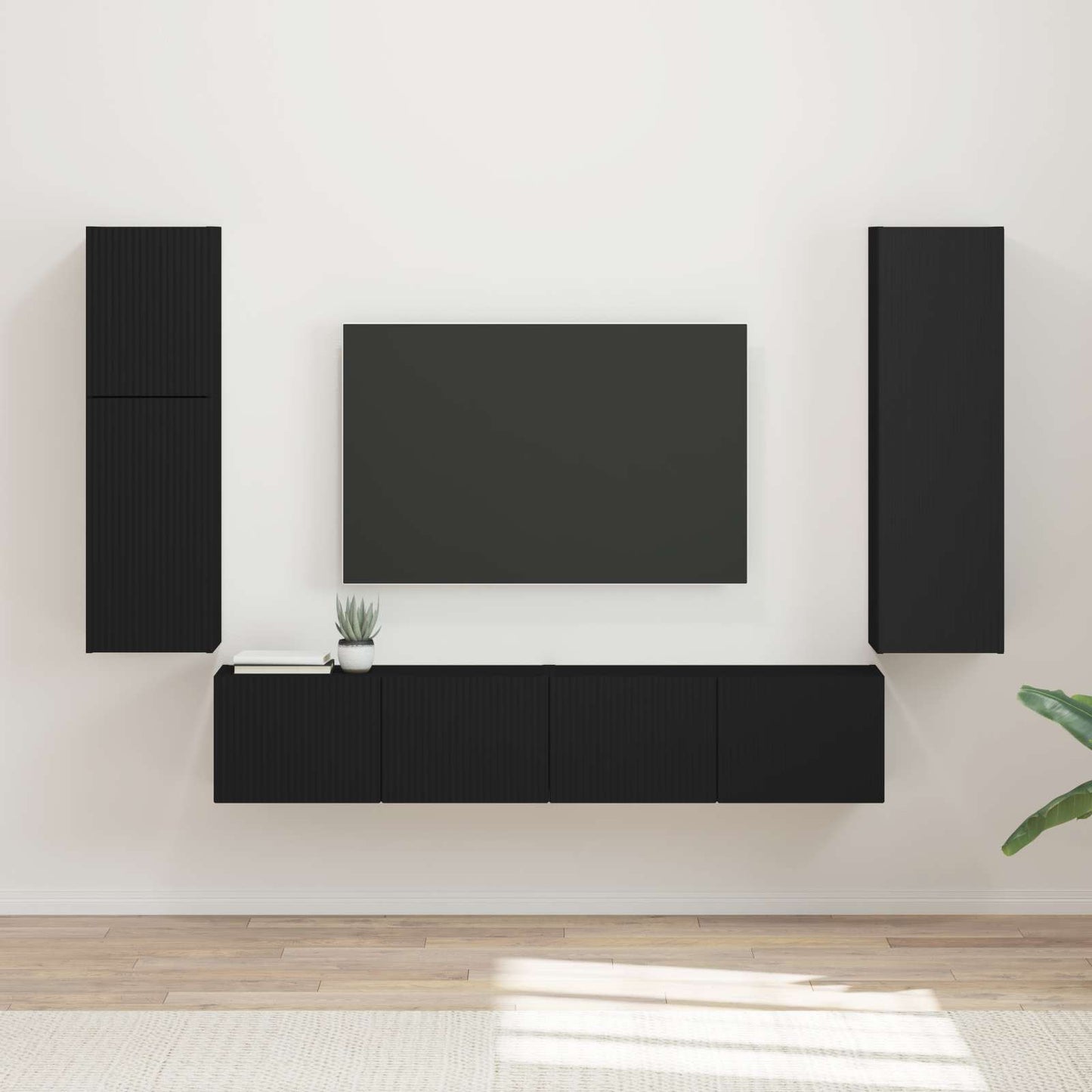 Set mobile TV Montaggio a parete 4 pcs Nero Legno multistrato