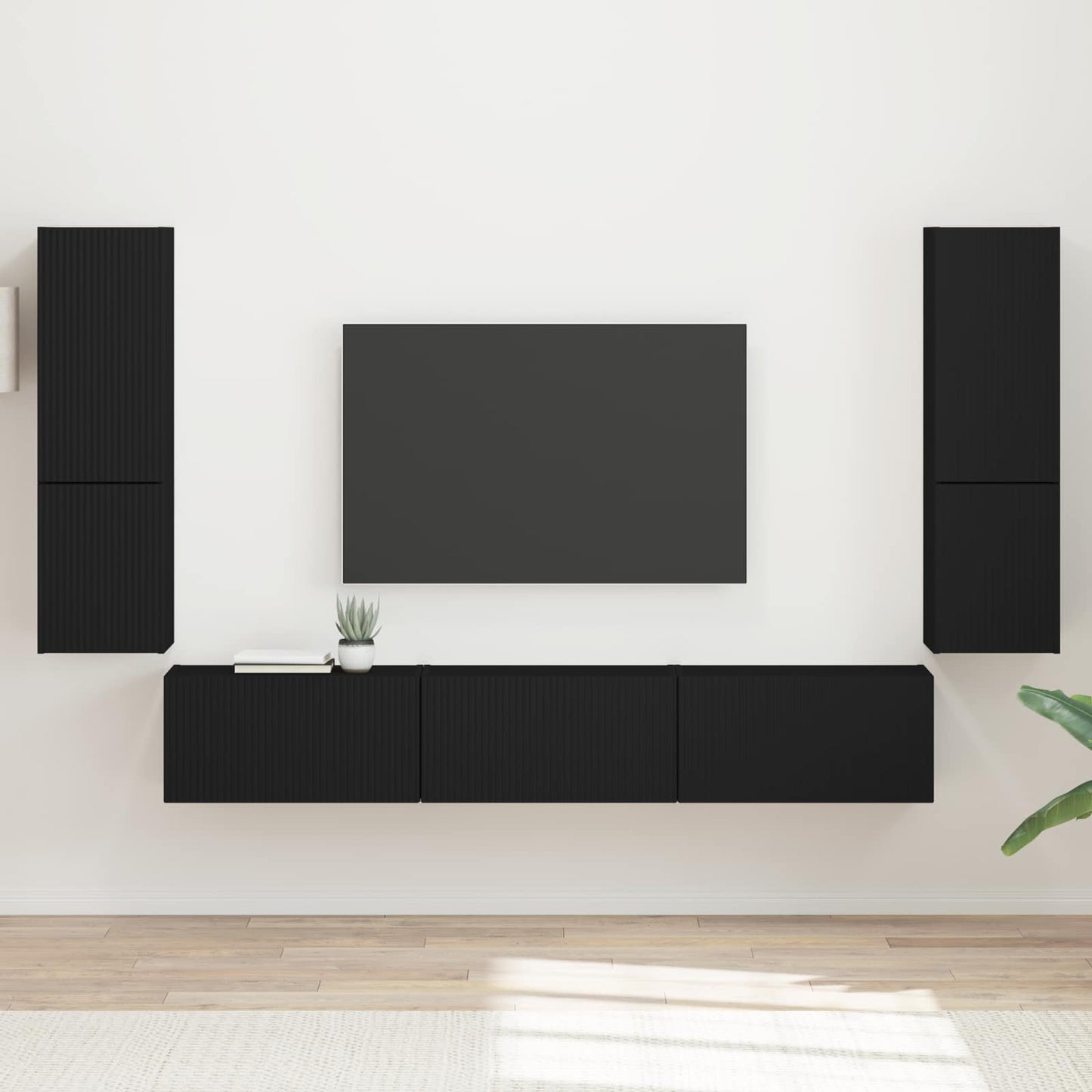 Set mobile TV Montaggio a parete 4 pcs Nero Legno multistrato