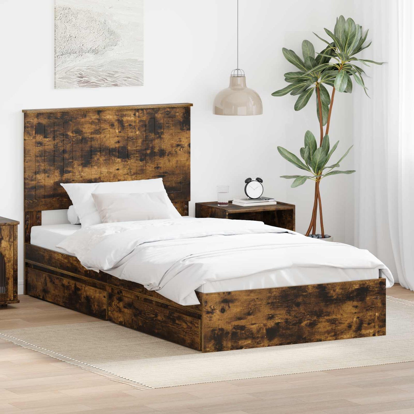 Letto con Contenitore con testiera Rovere fumÃ© 100 x 200 cm