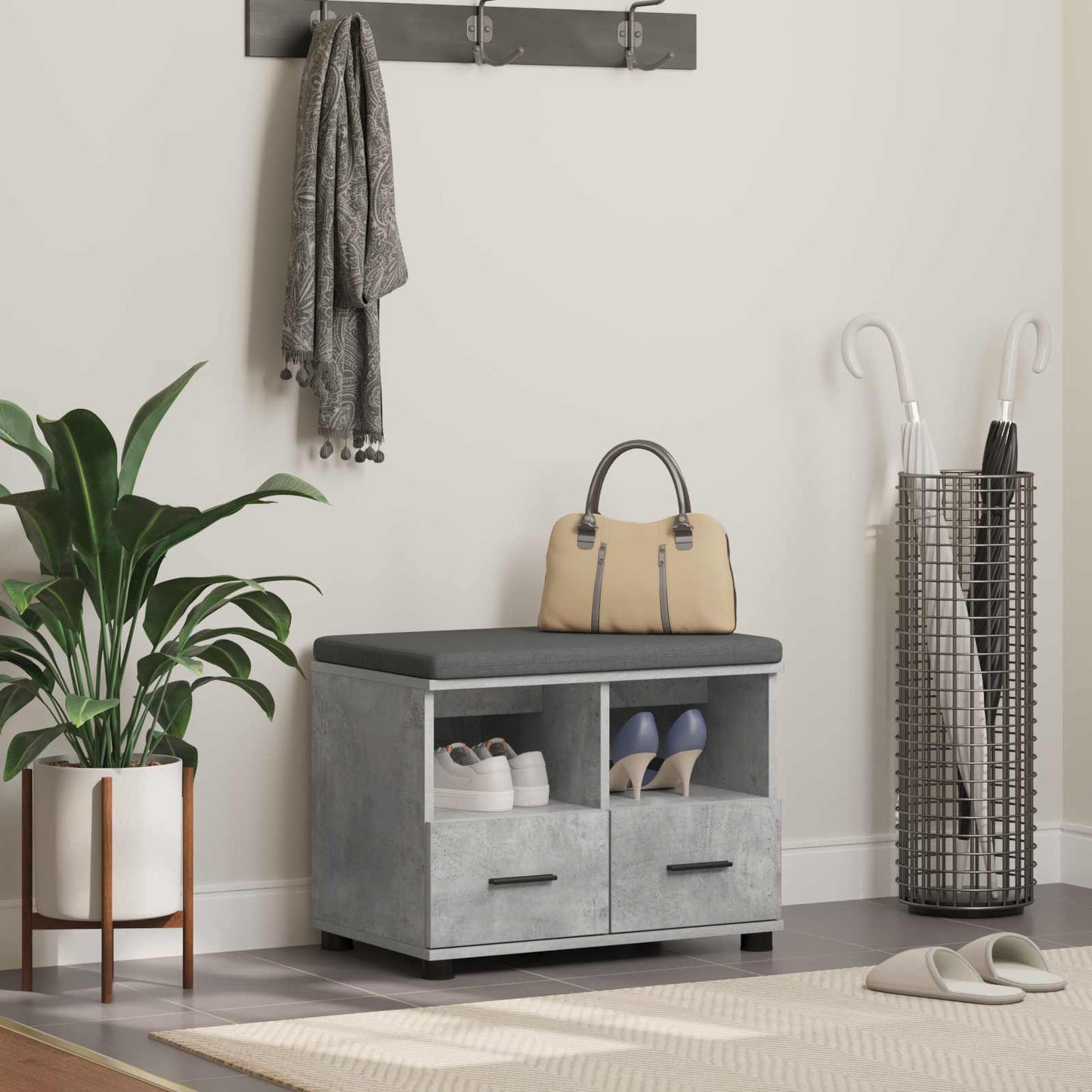 Panca per ingresso con cuscino Grigio Cemento 60 x 38 x 46 cm