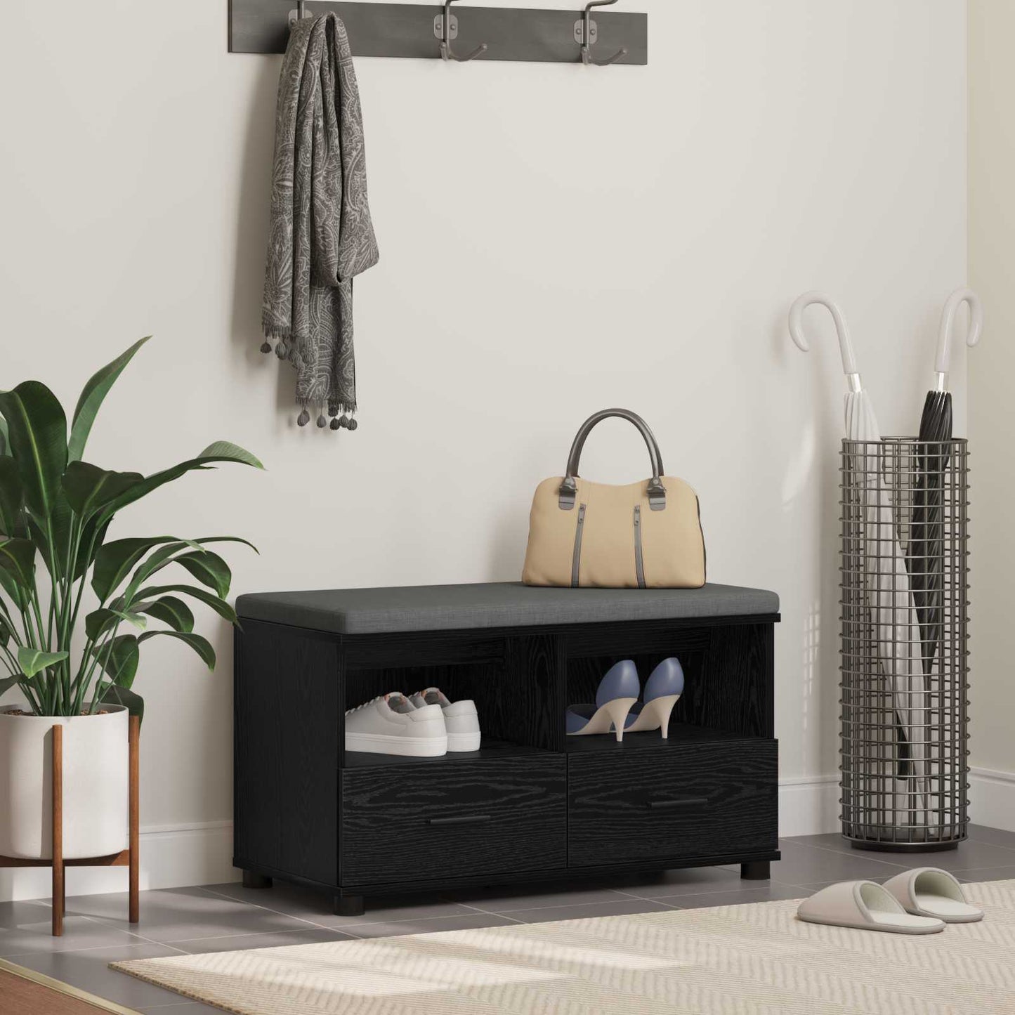 Panca per ingresso con cuscino Rovere Nero 80 x 38 x 46 cm