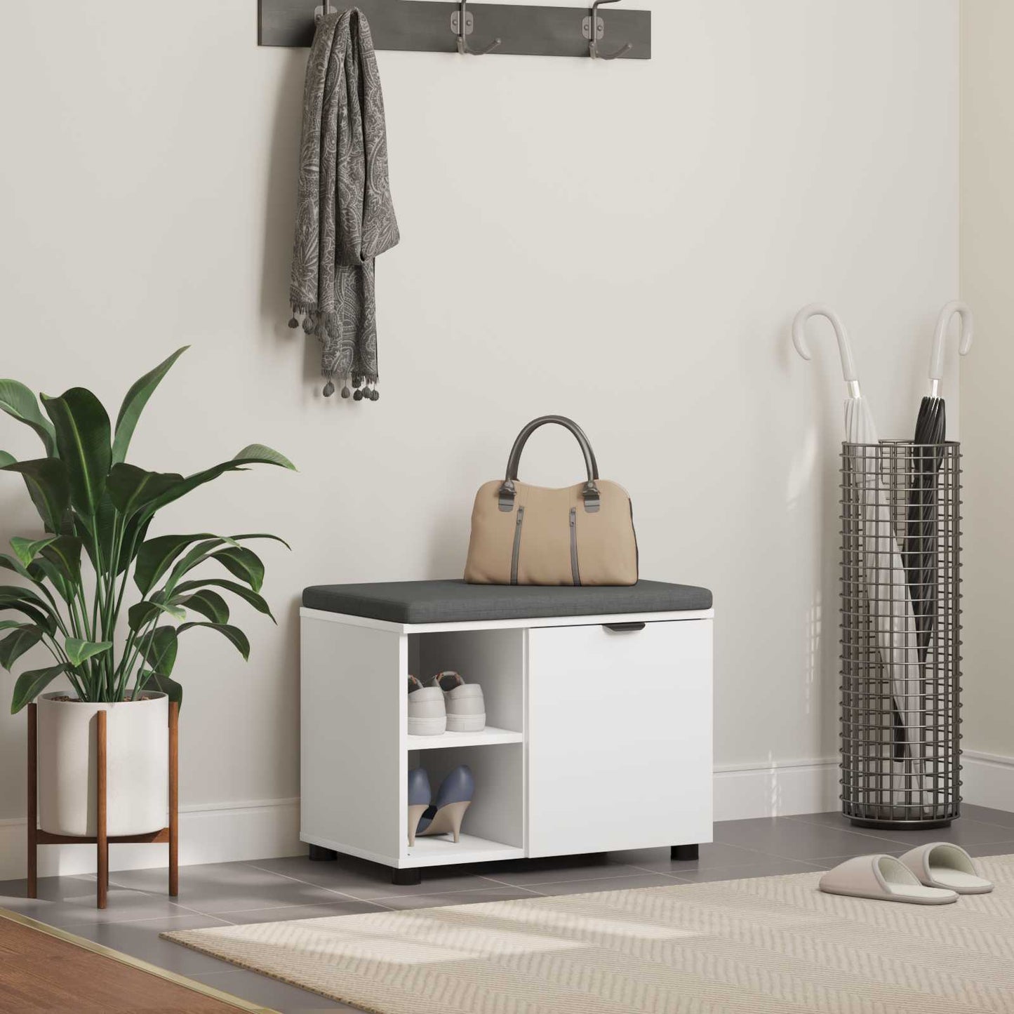 Panca per ingresso con cuscino con porta Bianco 60 x 38 x 46 cm