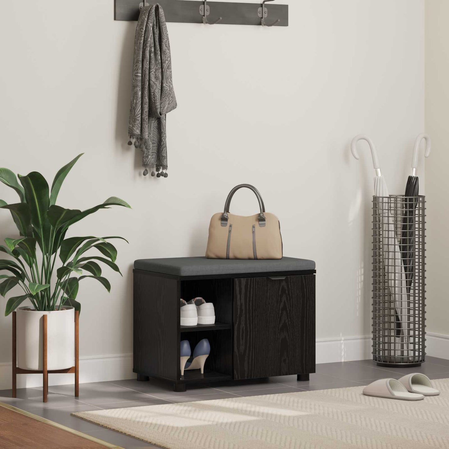Panca per ingresso con cuscino Rovere Nero 60 x 38 x 46 cm