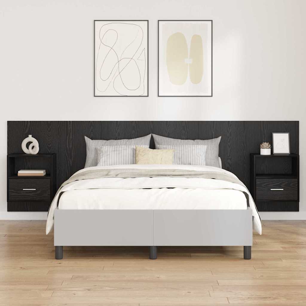 Testata con Comodino 3 pcs Rovere Nero Legno multistrato