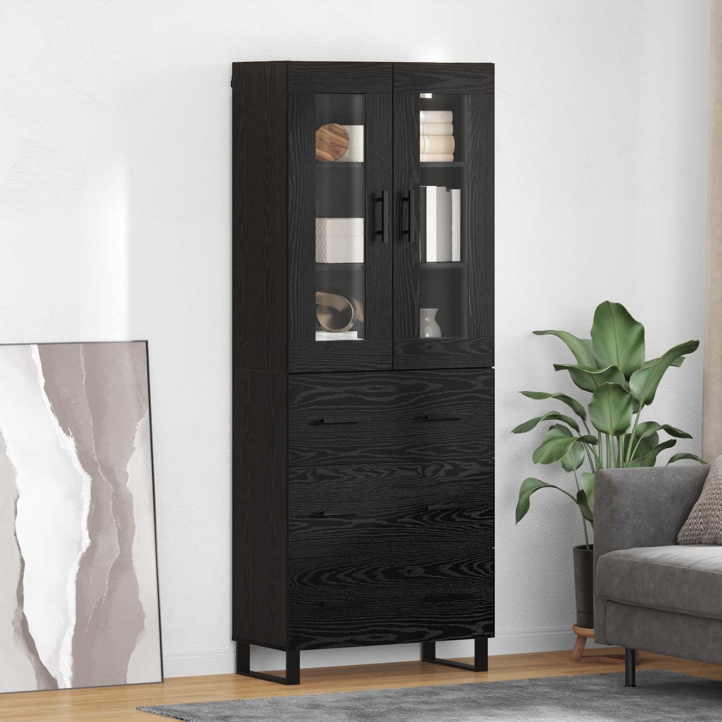 Credenza 2 pcs Rovere Nero Legno Stratificato e Vetro
