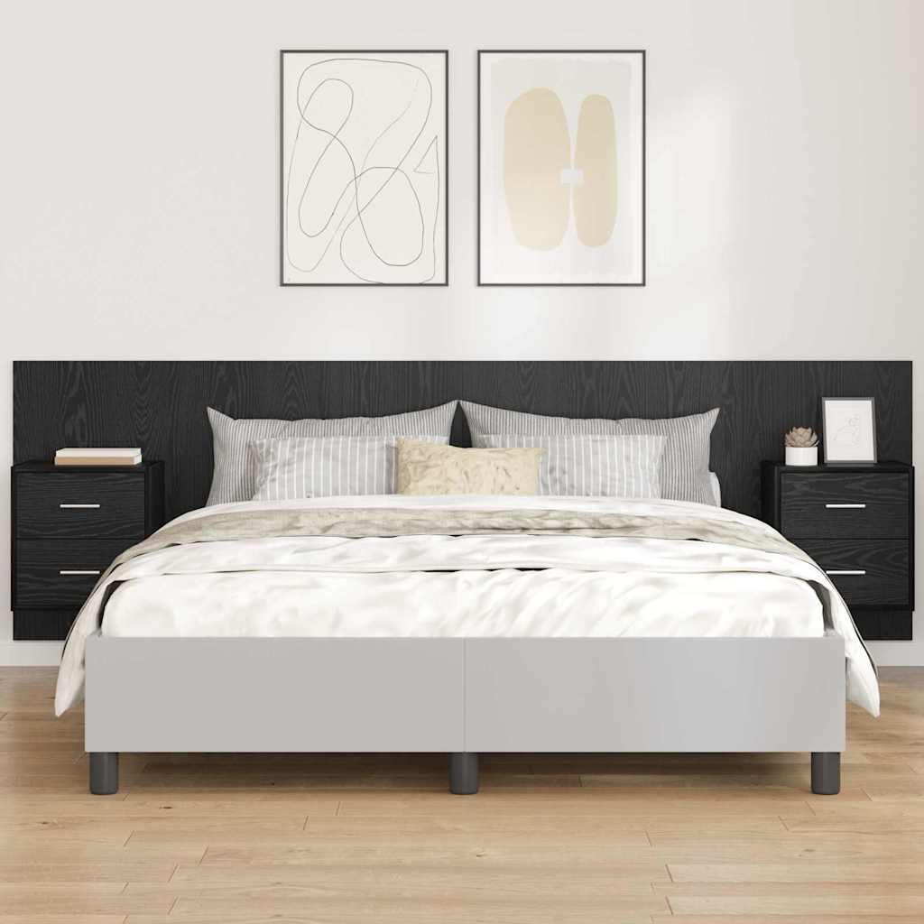 Testata con Comodino 3 pcs Rovere Nero Legno multistrato