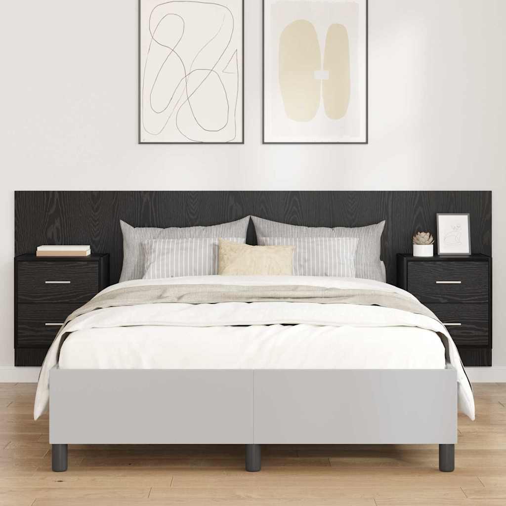 Testata con Comodino 3 pcs Rovere Nero Legno multistrato