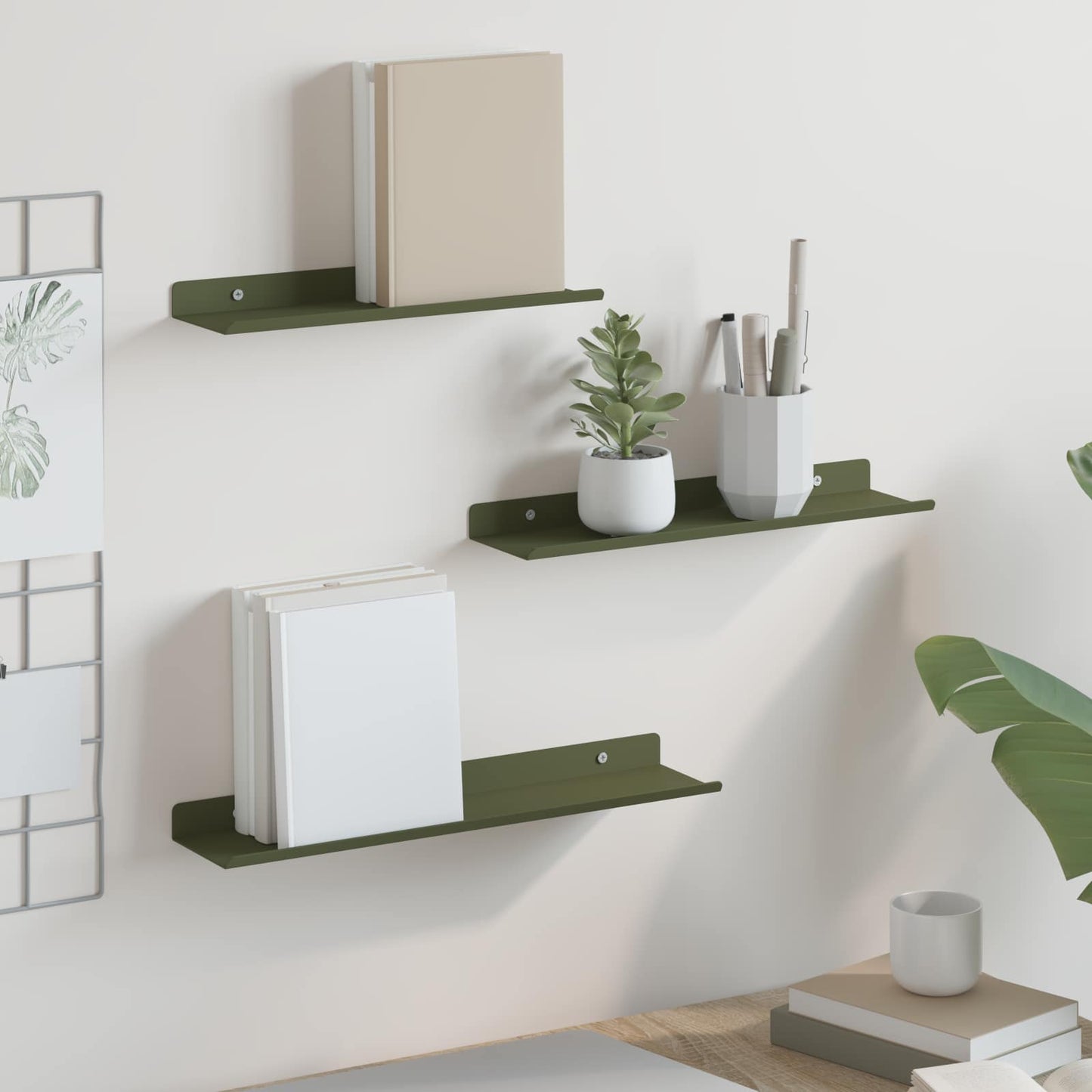 Mensola sospesa 3 pcs Verde oliva 40 x 9 x 2,5 cm Acciaio