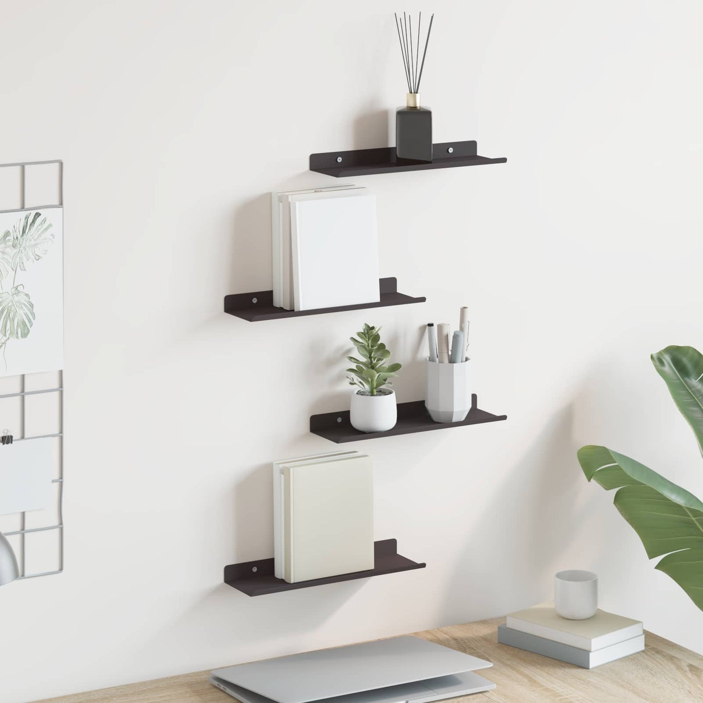 Mensola sospesa 4 pcs Nero 30 x 9 x 2,5 cm Acciaio