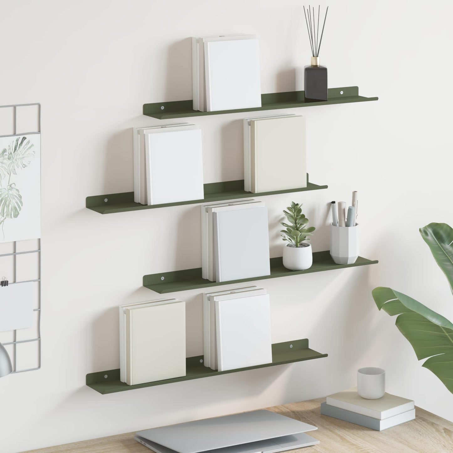 Mensola sospesa 4 pcs Verde oliva 60 x 9 x 2,5 cm Acciaio