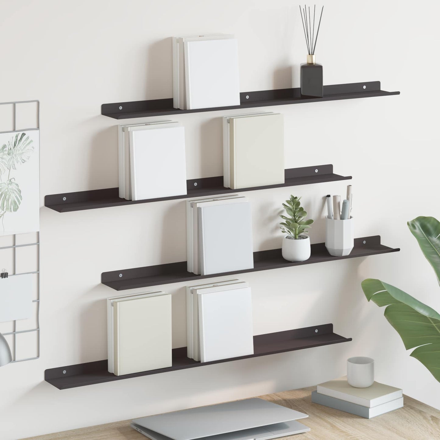 Mensola sospesa 4 pcs Nero 80 x 9 x 2,5 cm Acciaio