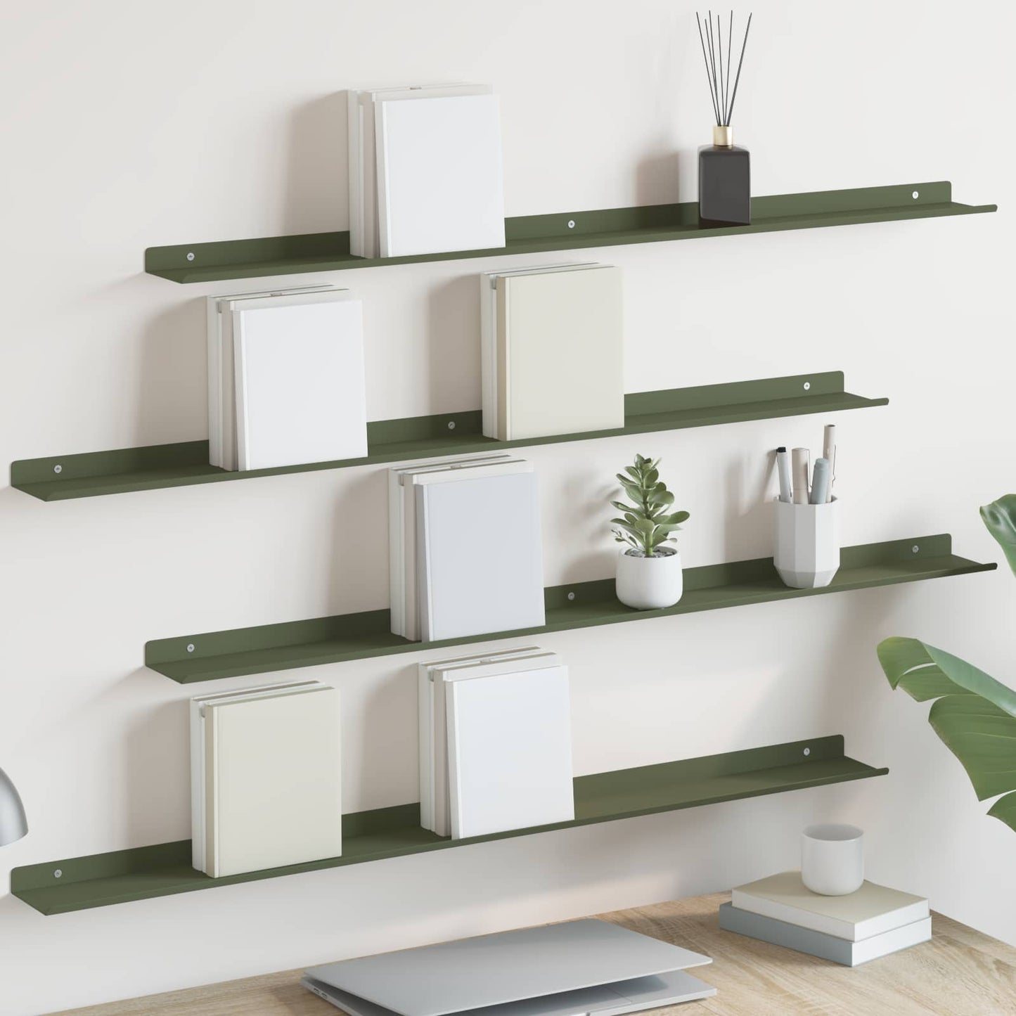 Mensola sospesa 4 pcs Verde oliva 100 x 9 x 2,5 cm Acciaio