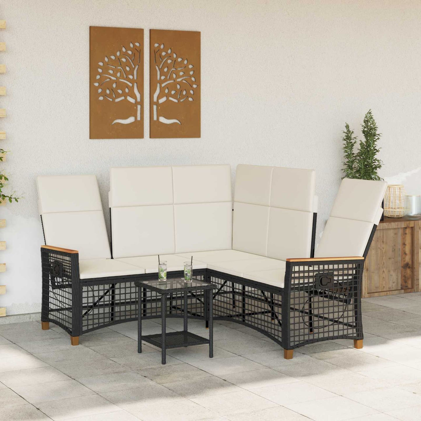 Set di Divani Recliner da Giardino Nero e Bianco Crema