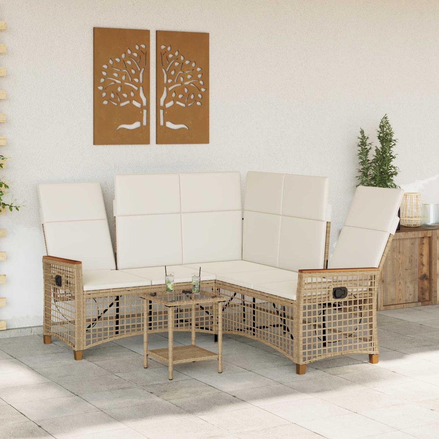 Set di Divani Recliner da Giardino Beige e Bianco Crema