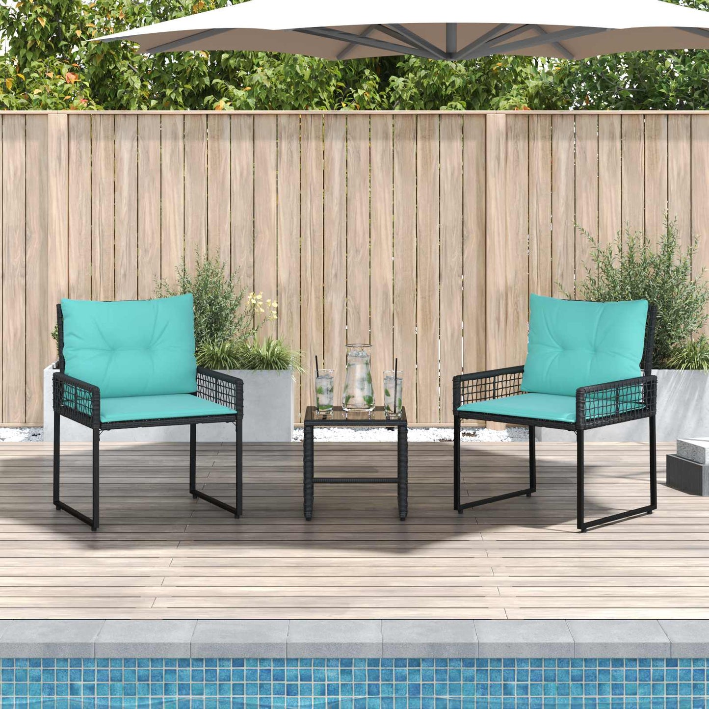Set di Mobili da Esterno con cuscino 3 pcs Nero e Turchese