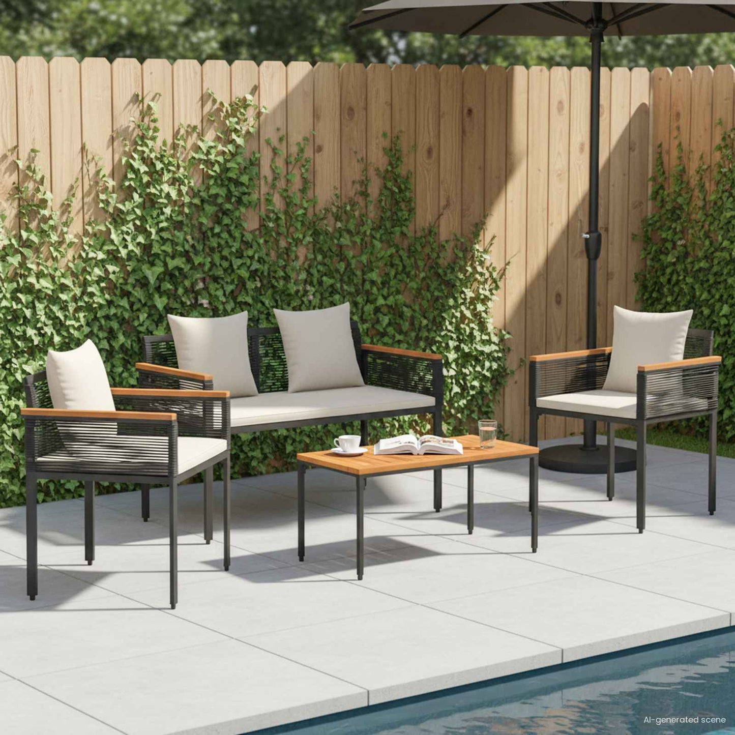 Set di Mobili da Esterno 4 pcs Nero e Bianco Crema Rattan in PE