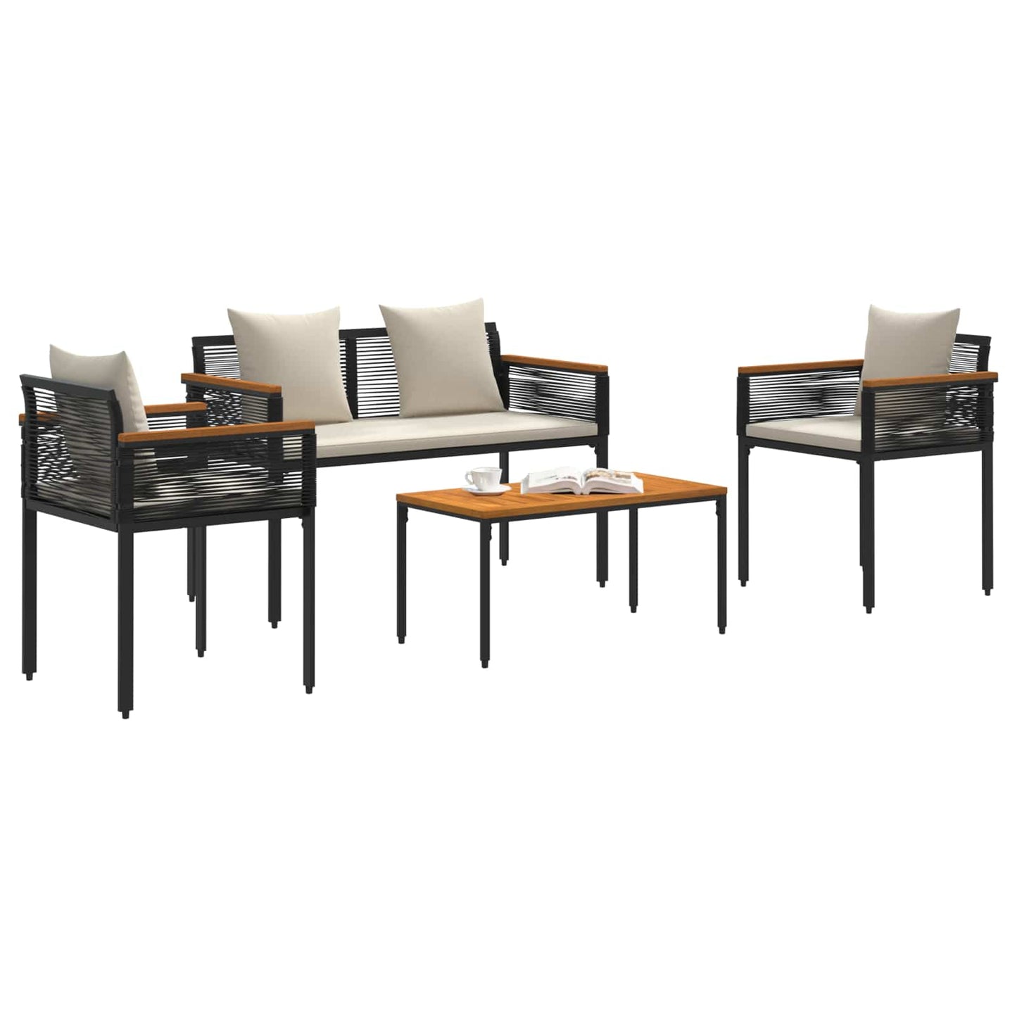 Set di Mobili da Esterno 4 pcs Nero e Bianco Crema Rattan in PE