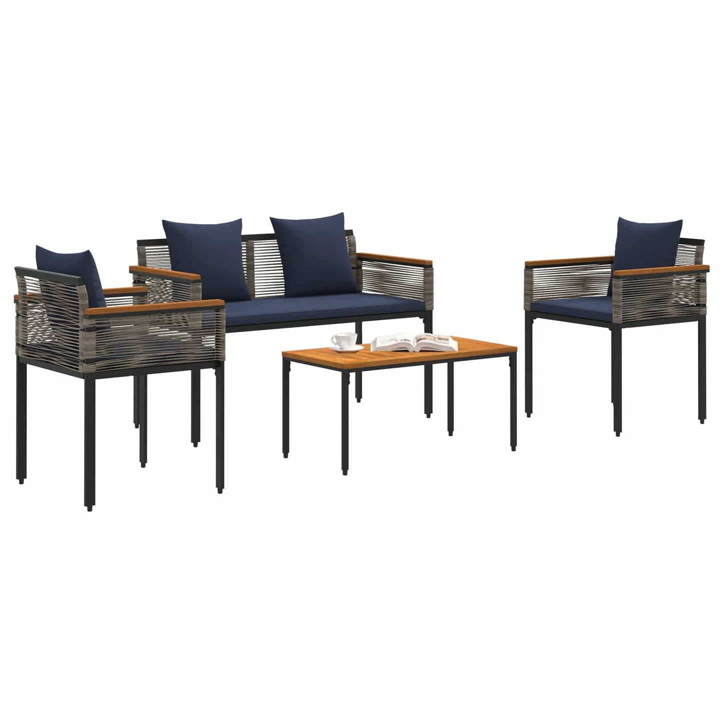 Set di Mobili da Esterno 4 pcs Grigio e Blu Navy Rattan in PE